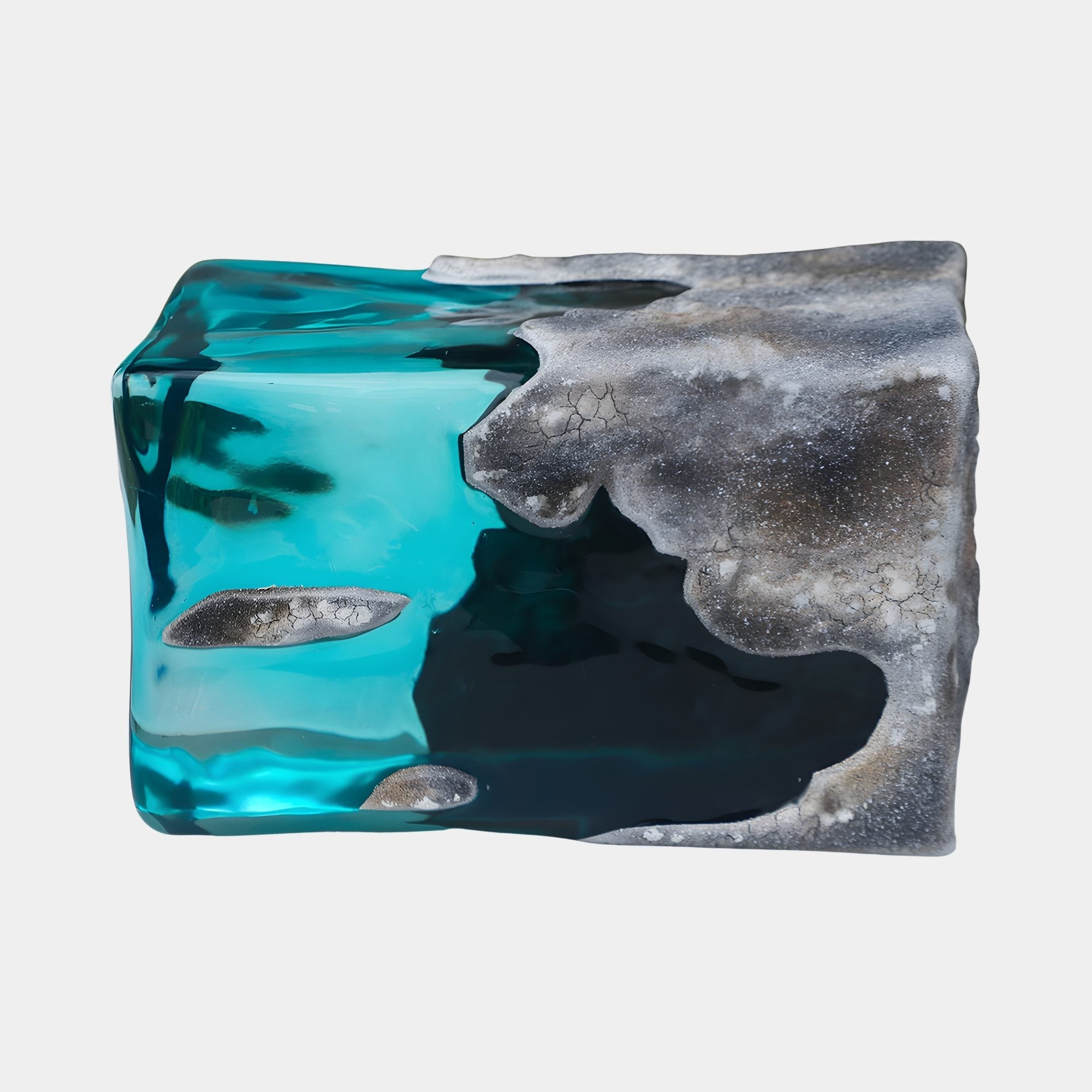 Teal Lagoon Inset Stone Coastal Resin Sculpture by Giant Sculptures, with glassy turquoise resin set into rugged grey stone, shown on a plain background.