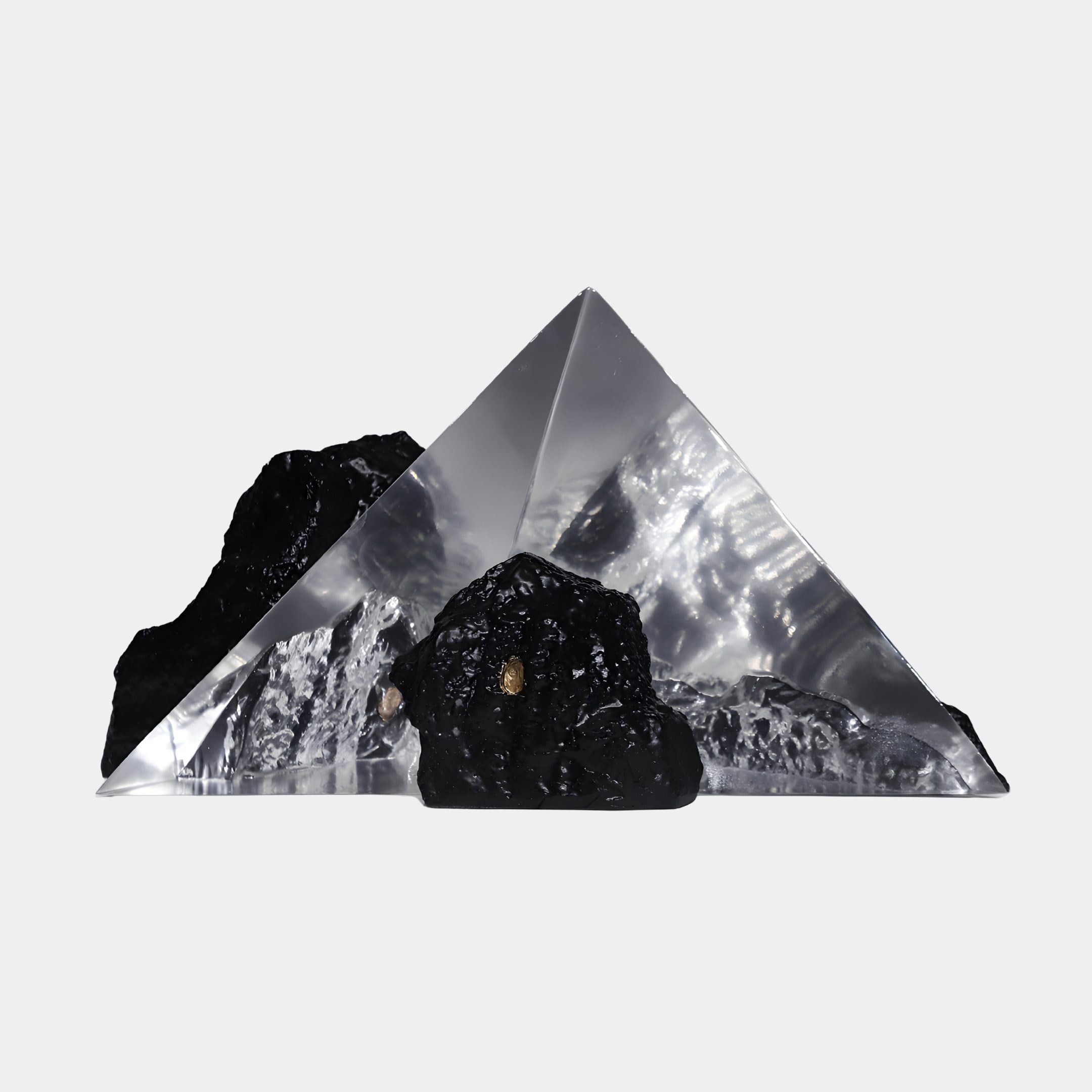 Giant Sculptures Black Rock Mountain with Clear Pyramid Resin Sculpture, 61cm, featuring a transparent faceted peak rising from textured black stone on a plain background.