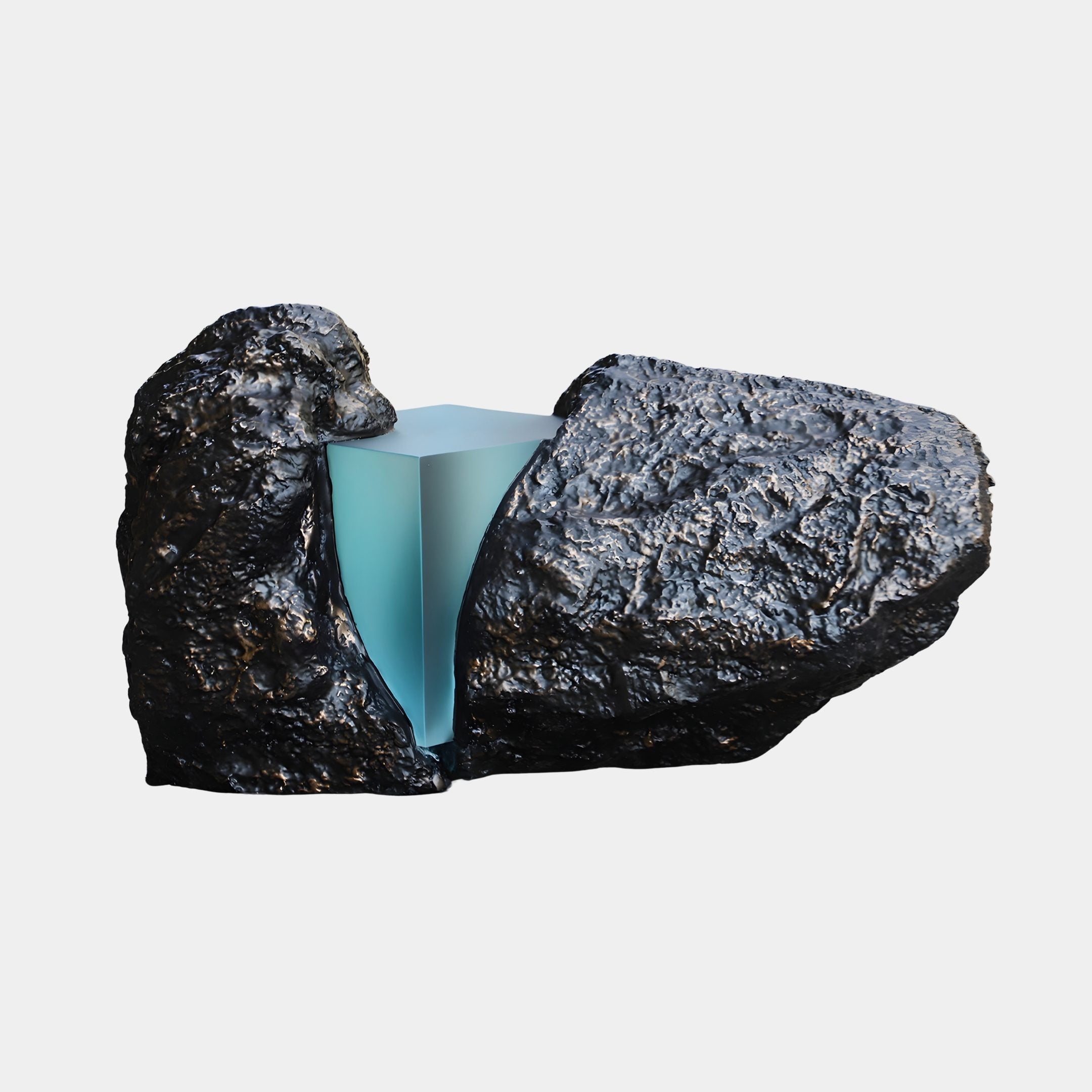 Giant Sculptures Teal Geometric Resin Core & Rock Sculpture 100cm, with two black textured fibreglass rocks framing a glowing teal resin wedge, on white.
