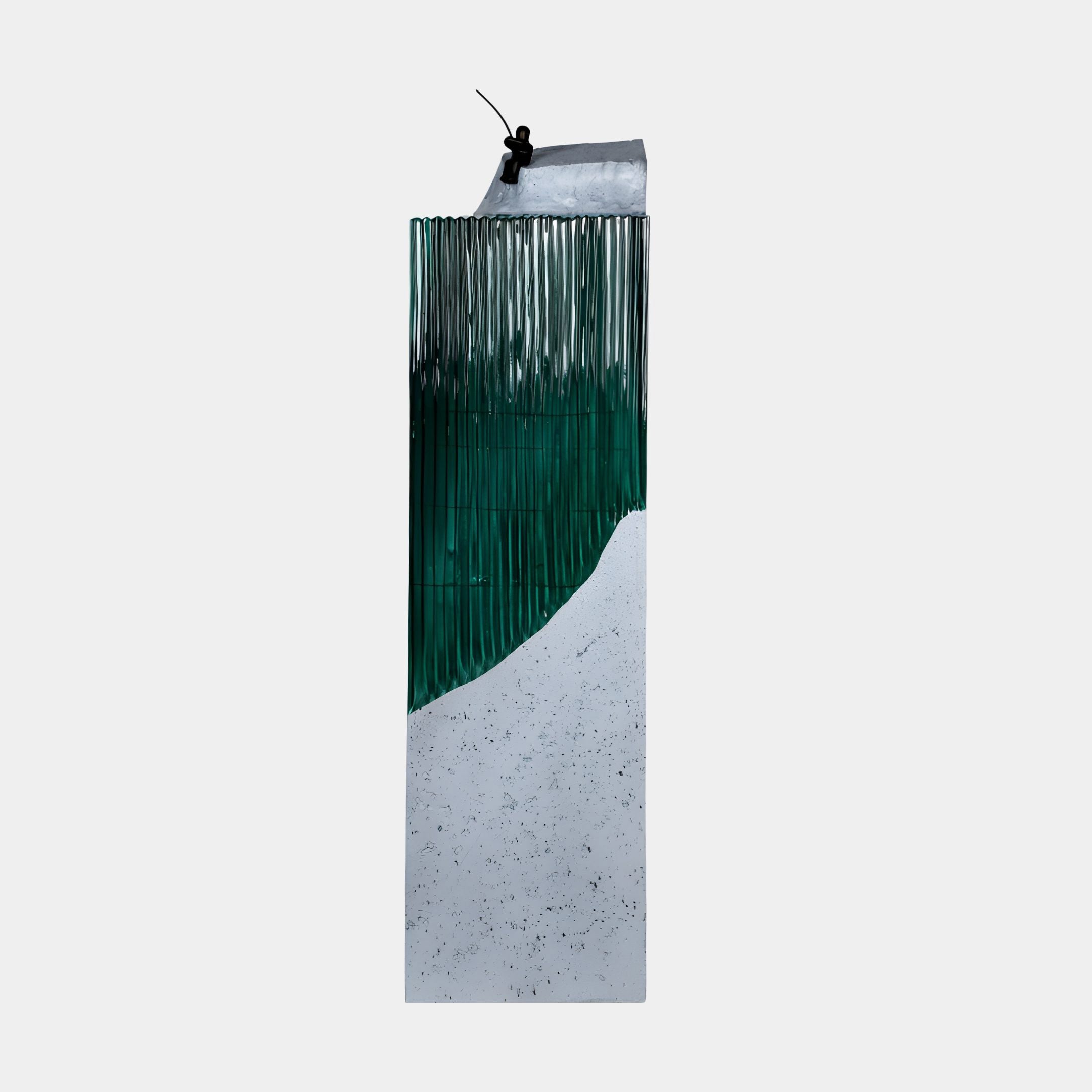 Deep Green Ribbed Resin & Fisherman Pillar Sculpture 150cm by Giant Sculptures, with translucent green ribbed top and pale stone-textured base, on a plain background.
