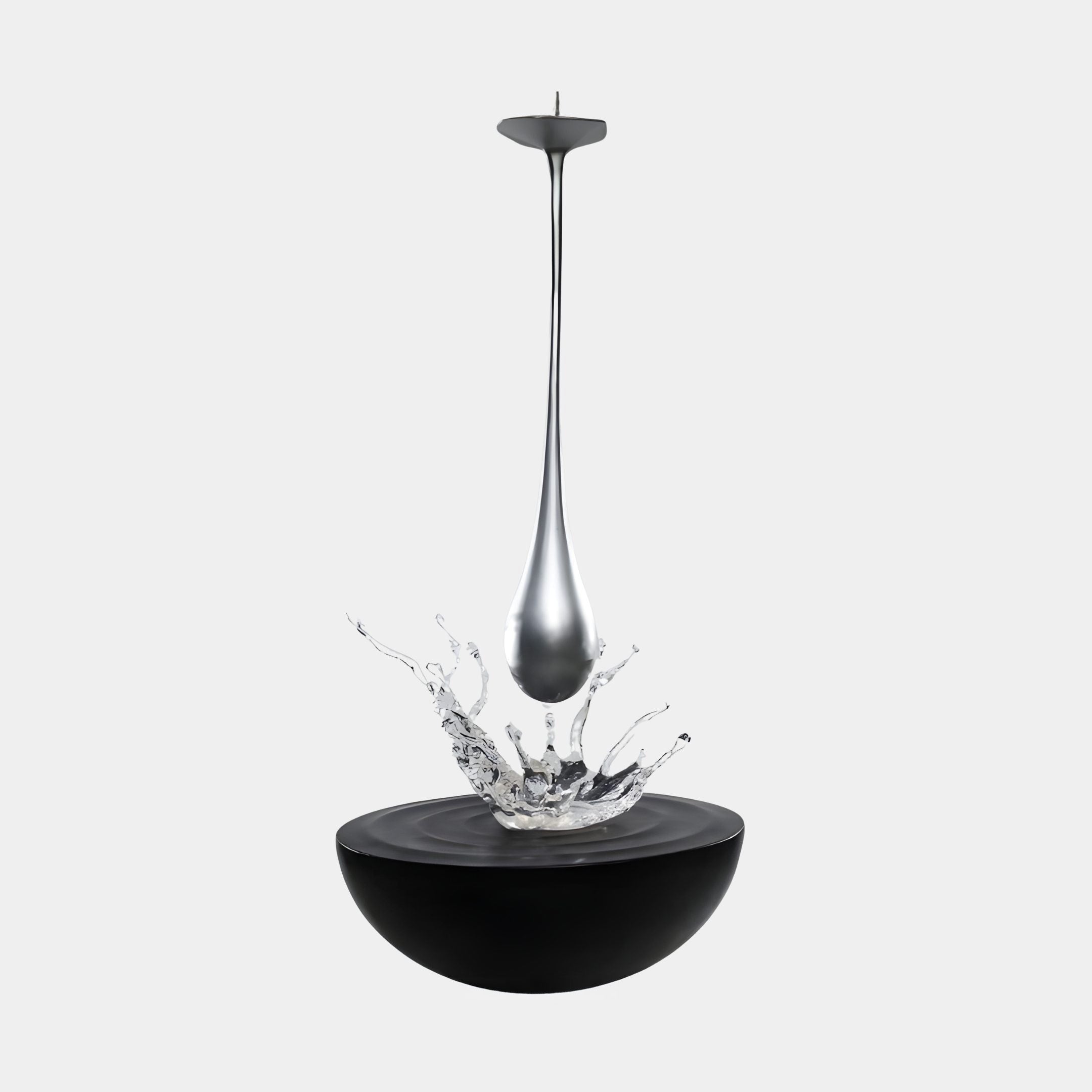 Silver Water Splash Teardrop on Black Bowl Sculpture by Giant Sculptures, 170cm, with suspended droplet above a clear splash crown and glossy black bowl.