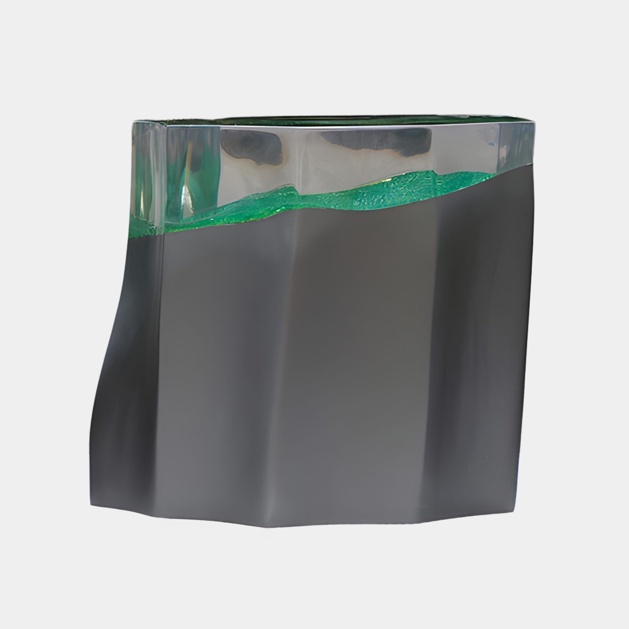 Giant Sculptures Translucent Resin Inlay Charcoal Block Sculpture 55cm, a faceted grey fibreglass form topped with a glassy teal-green resin band, on a plain background.