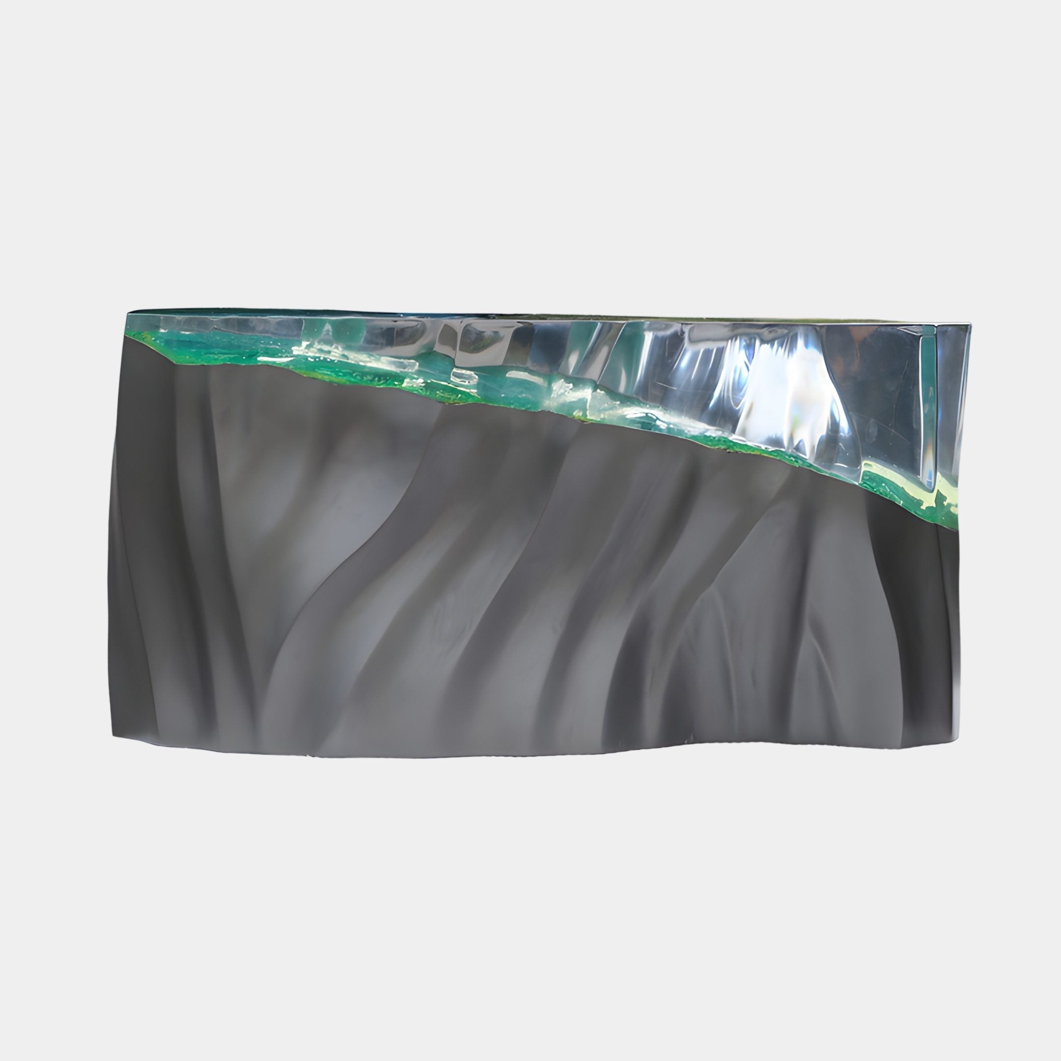 Giant Sculptures Gray & Emerald Veined Polished Slab Resin Sculpture 100cm, with silvery-grey carved body and luminous green veining along the top edge.