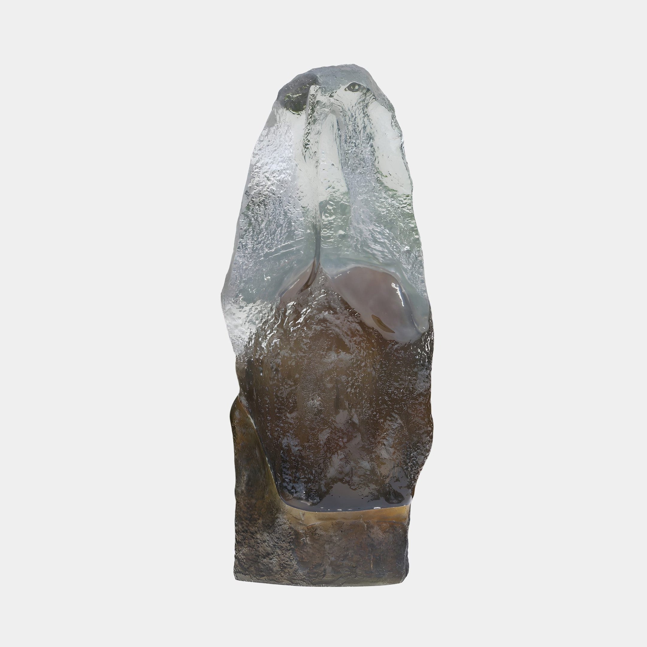 Giant Sculptures Clear Frosted & Amber Base Rock Resin Sculpture, 68cm, with a glacial translucent crystalline column rising from a warm amber-bronze textured base.