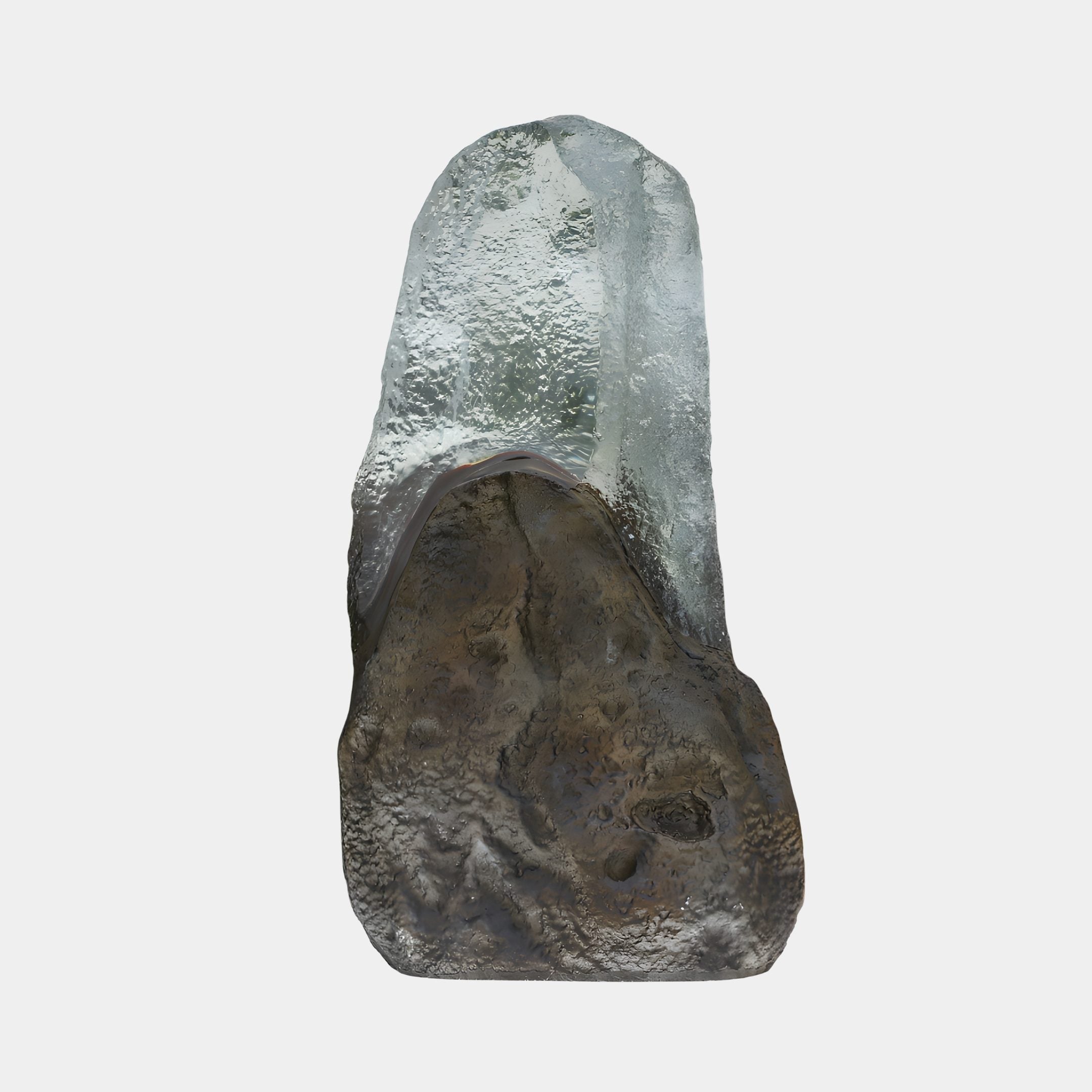 Giant Sculptures Clear Frosted Resin and Amber Boulder Sculpture 67cm, with a translucent crystalline form rising from a textured amber-grey stone base, on a plain background.