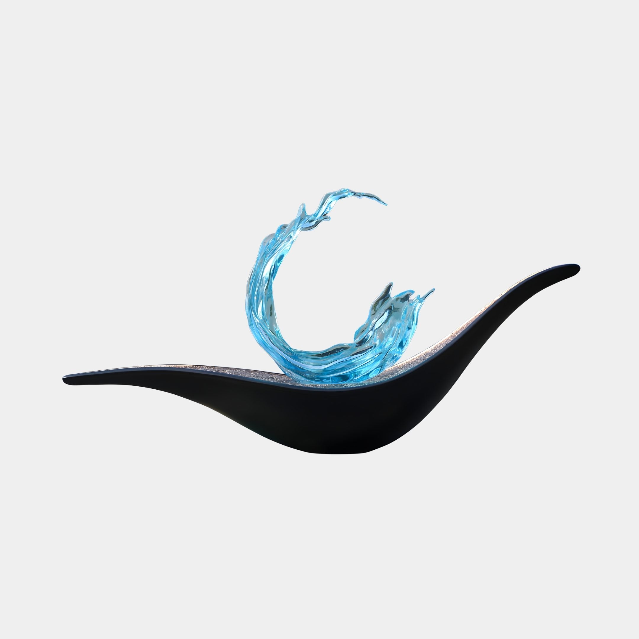Giant Sculptures Blue Kinetic Wave on Dark Black Base Sculpture, a curling turquoise resin wave cresting from a sleek black boat-form dish, on plain background.