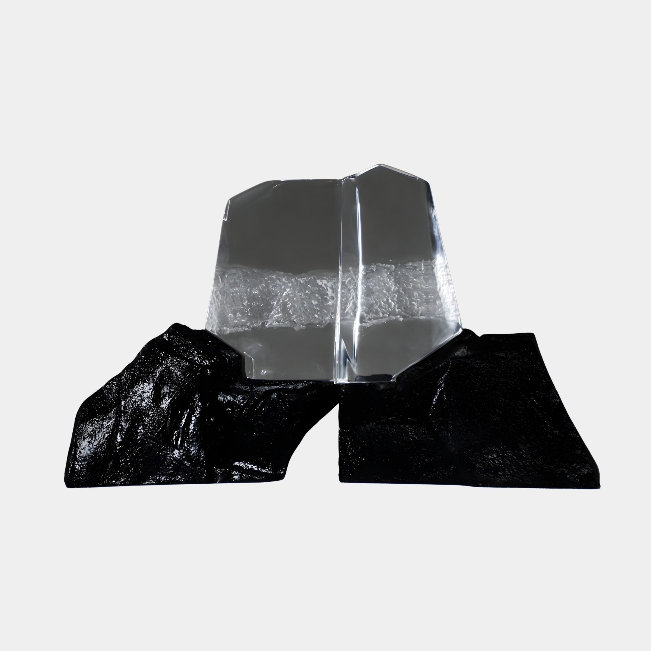 Giant Sculptures Black Rock with Clear Resin Fragment Sculpture 80cm, frosted crystalline shard rising between two glossy black rocks on a white background.