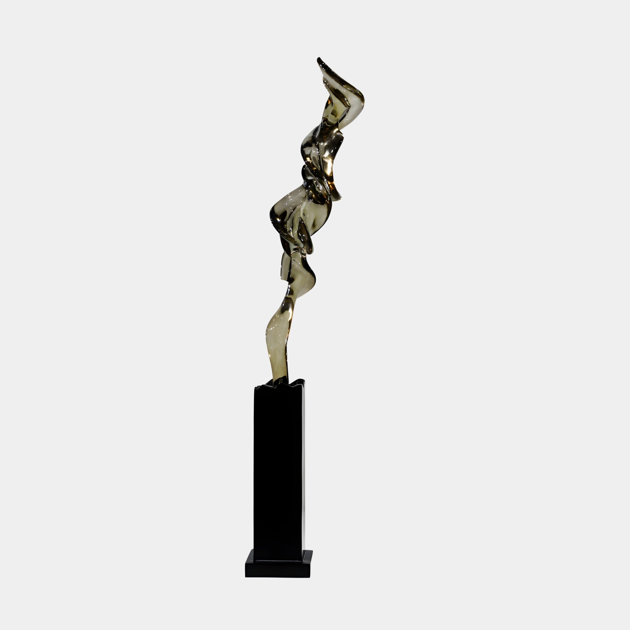 Smoky translucent bronze-toned resin ribbon sculpture by Giant Sculptures twisting upward in a fluid pillar form on a tall black base against a plain background.