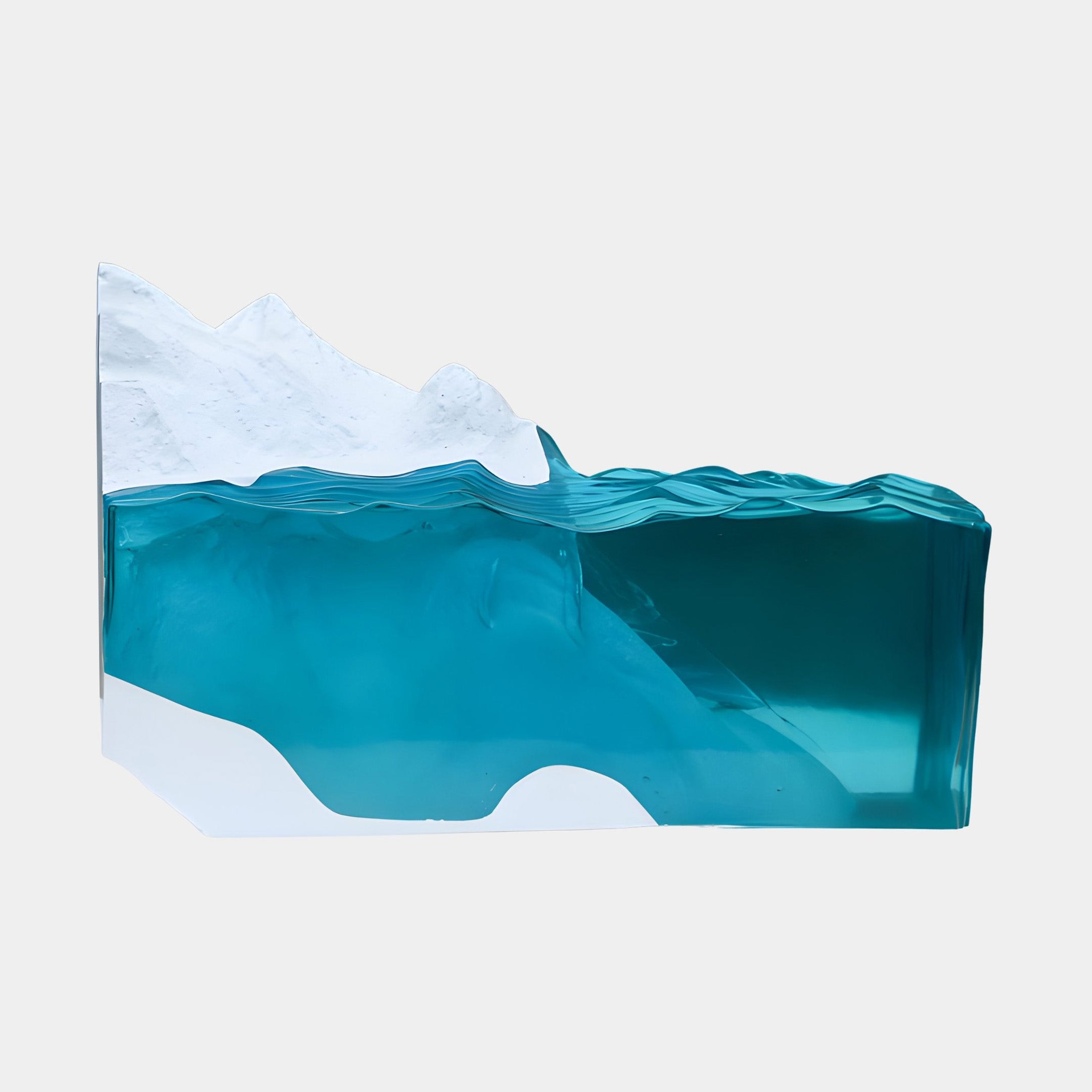 Teal Resin Ocean Wave Block Sculpture 61cm by Giant Sculptures, with a clear resin sea and sculpted white foam crest, shown against a plain background.