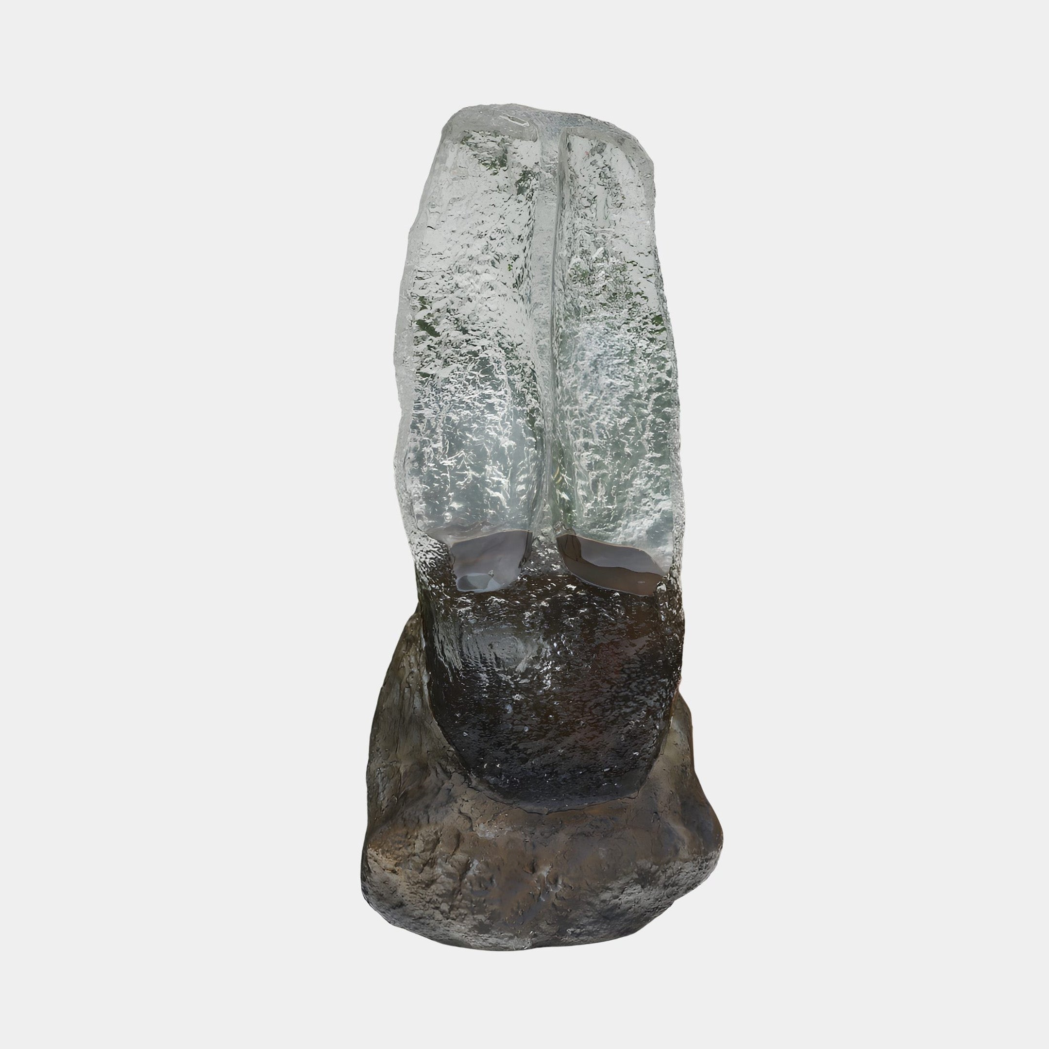 Giant Sculptures Clear Resin on Grey Stone Column Sculpture, 68cm, with a frosted ice-like transparent top rising from a bronzed stone base, on plain background.