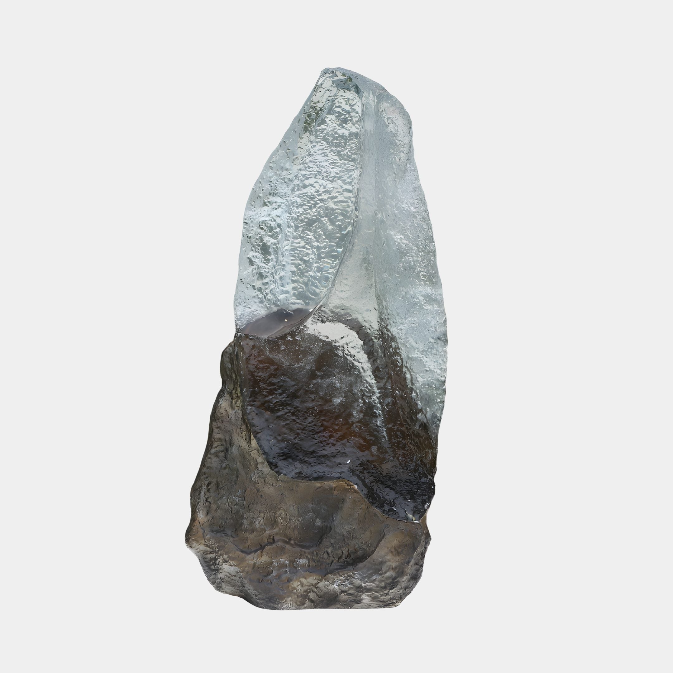 Giant Sculptures Clear Resin Mountain Boulder on Rock Sculpture 67cm with frosted crystalline peak above a bronze-grey weathered base, shown on a plain background.