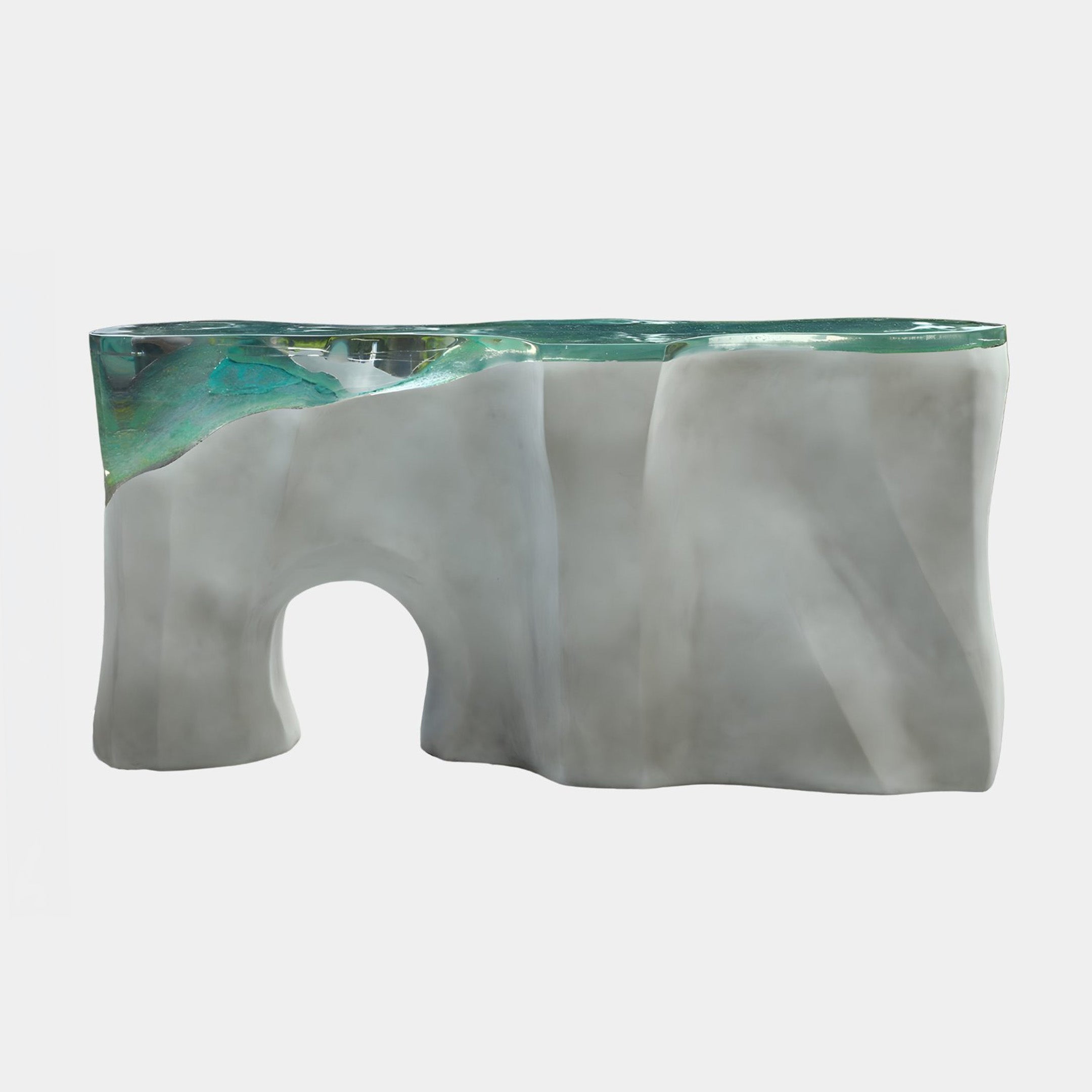 Teal Resin & Grey Arch Landscape Sculpture by Giant Sculptures, showing two slate-grey forms with an arched opening, topped by a teal resin band, on a plain background.