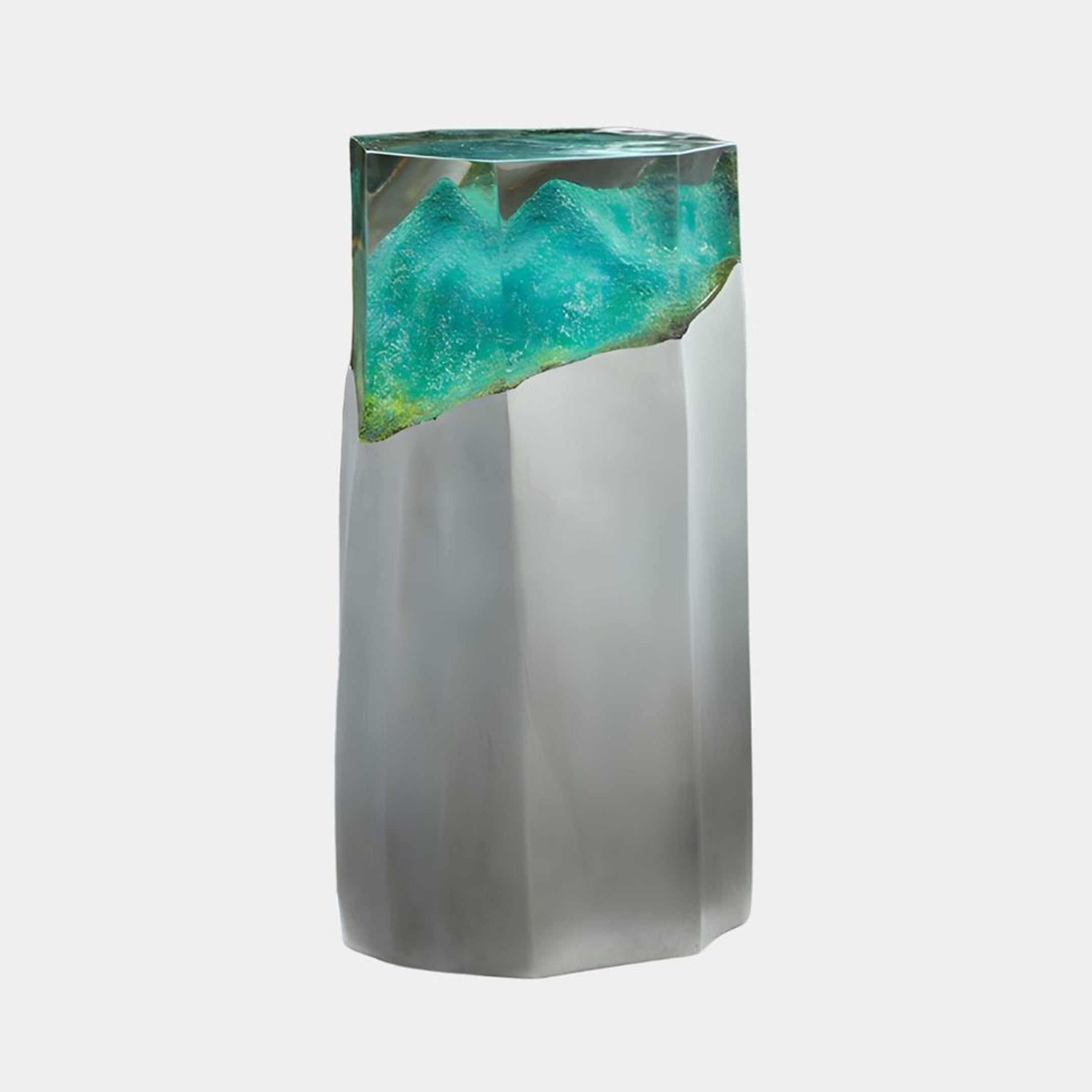 Giant Sculptures Teal Resin Glacier & Grey Pillar Sculpture 80cm, a smooth grey fibreglass pillar topped with a textured teal-green resin crown, on a plain background.