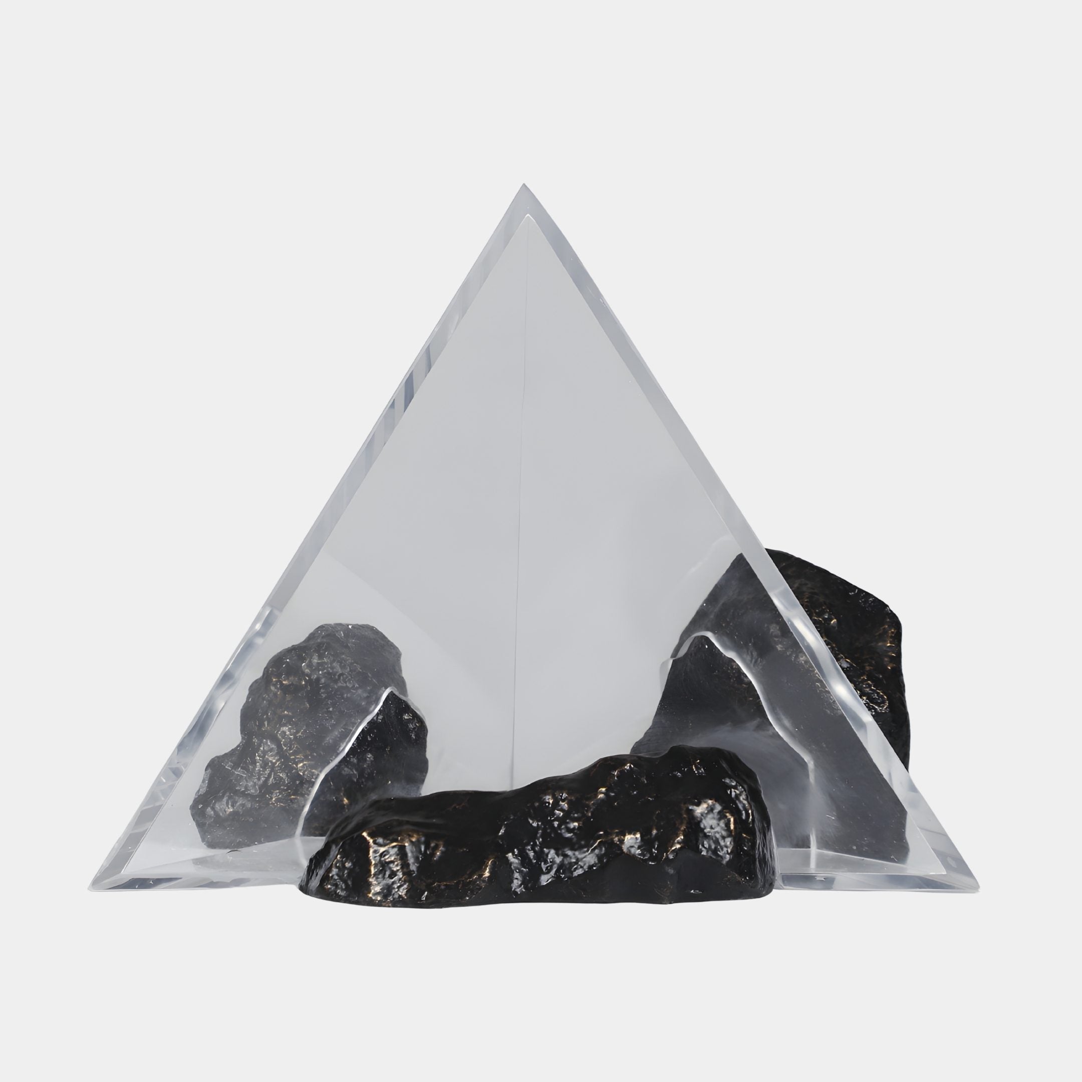 Giant Sculptures Clear Resin Pyramid & Triple Black Rock Sculpture 60cm, with glossy black stones clustered at the base of the transparent pyramid, on a white background.