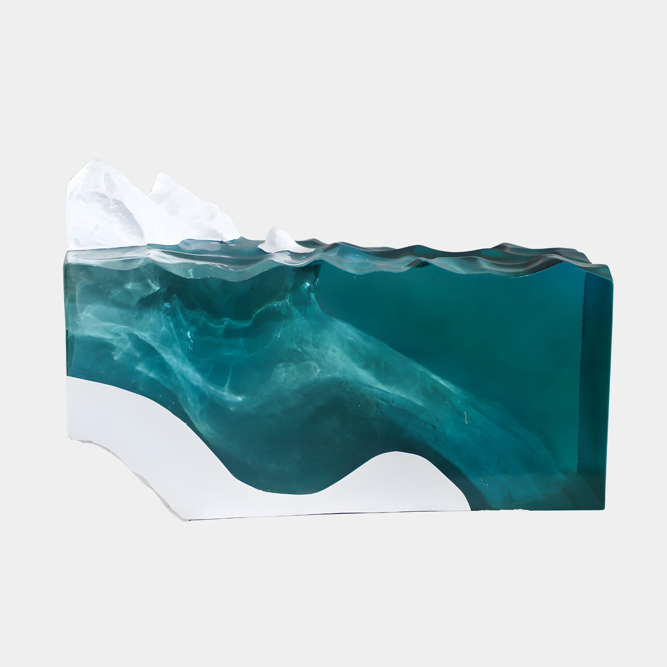 Teal Deep Water Iceberg Wave Resin Sculpture from Giant Sculptures, showing turquoise underwater currents beneath a white foam crest, set against a plain background.