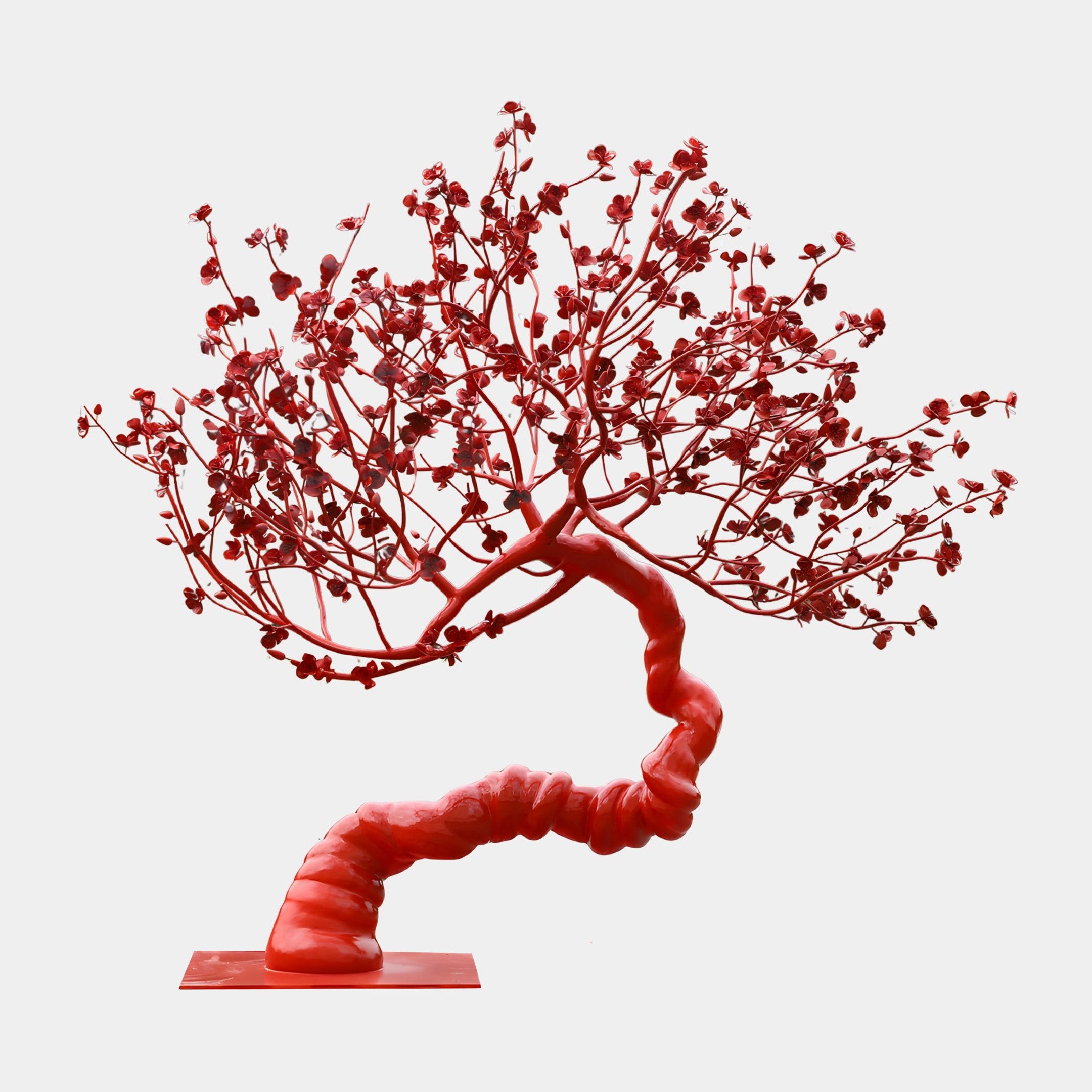 Red Cherry Blossom Tree Floral Metal Sculpture by Giant Sculptures, 163cm, with a twisting trunk and wide blossom-covered canopy on a plain background.