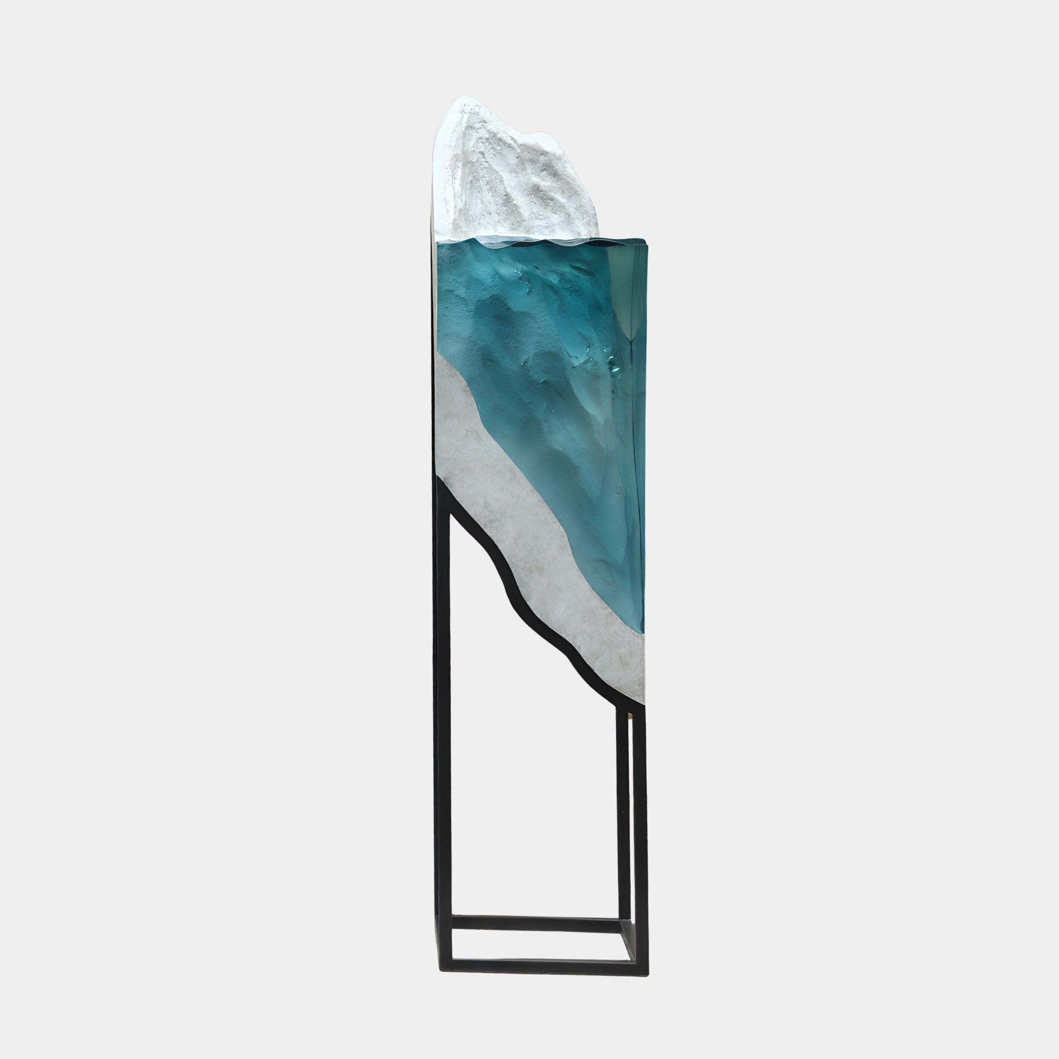 Teal Resin Wave Panel on Metal Frame Sculpture by Giant Sculptures, 136cm tall, showing a cresting blue-green wave with white spray in a slim black frame.