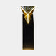 Gold Mirror Inverted Pyramid on Black Column Sculpture by Giant Sculptures, illuminated front view showing glowing V-shaped edges against a plain light background.