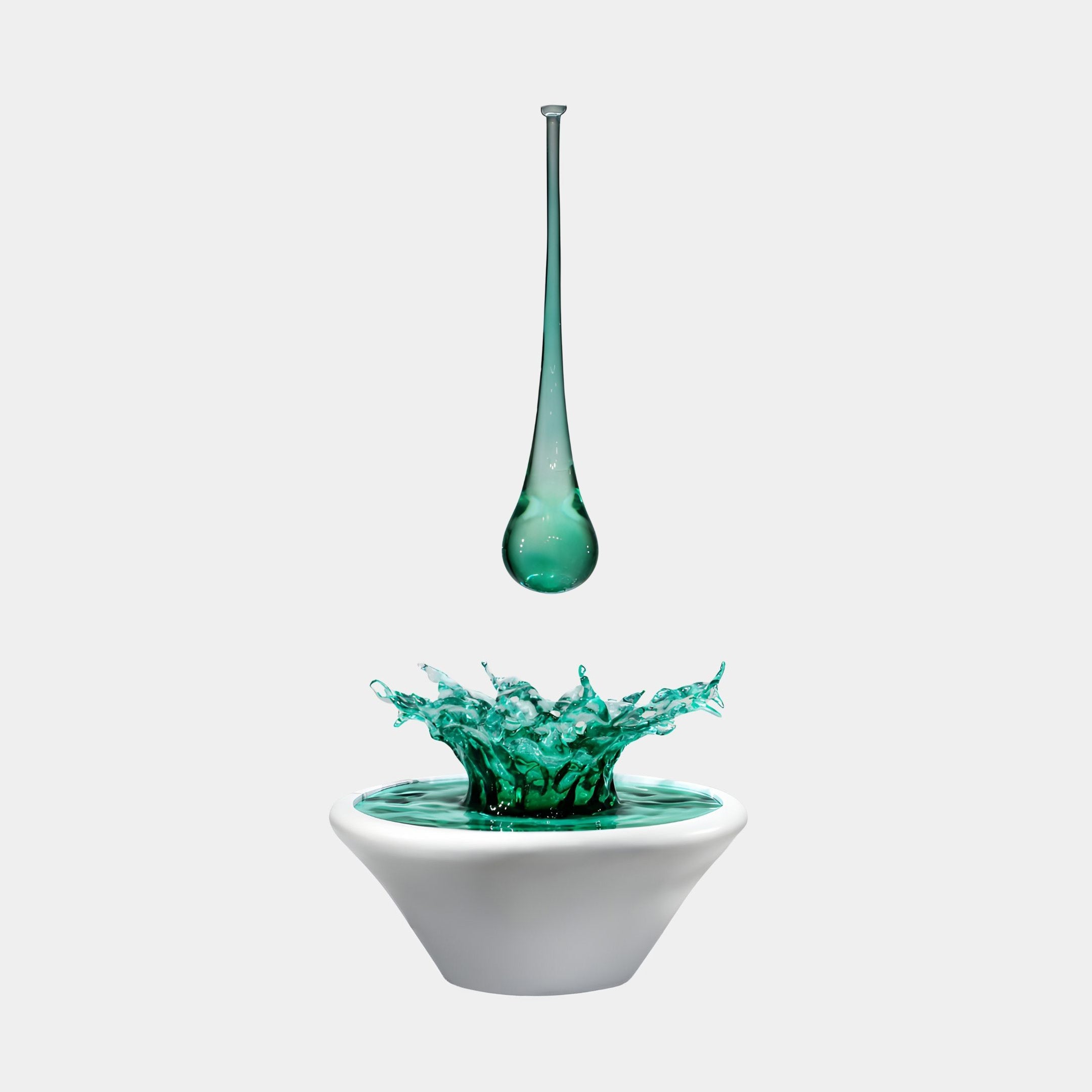 Teal Water Splash Teardrop Pendant Resin Sculpture by Giant Sculptures, showing a green droplet suspended above a splash in a white bowl on a light background.
