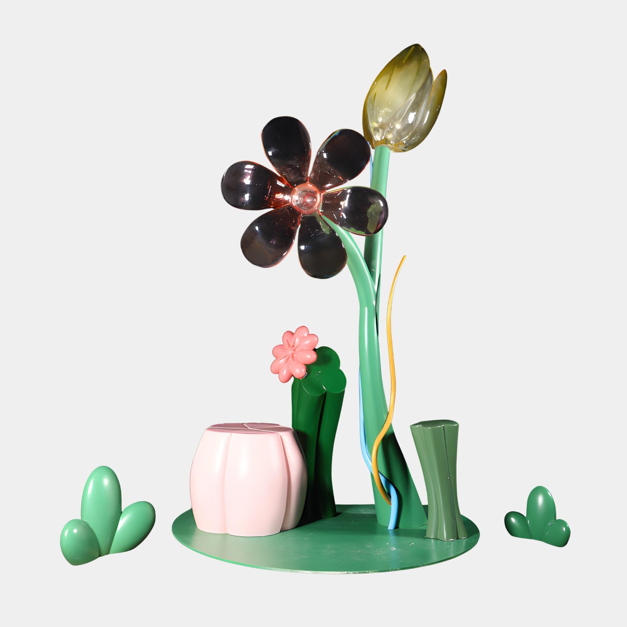 Multi-Colour Pop Art Garden Floral Figurine Sculpture Set by Giant Sculptures with a black flower, yellow tulip, pink pot and green cacti on a plain background.