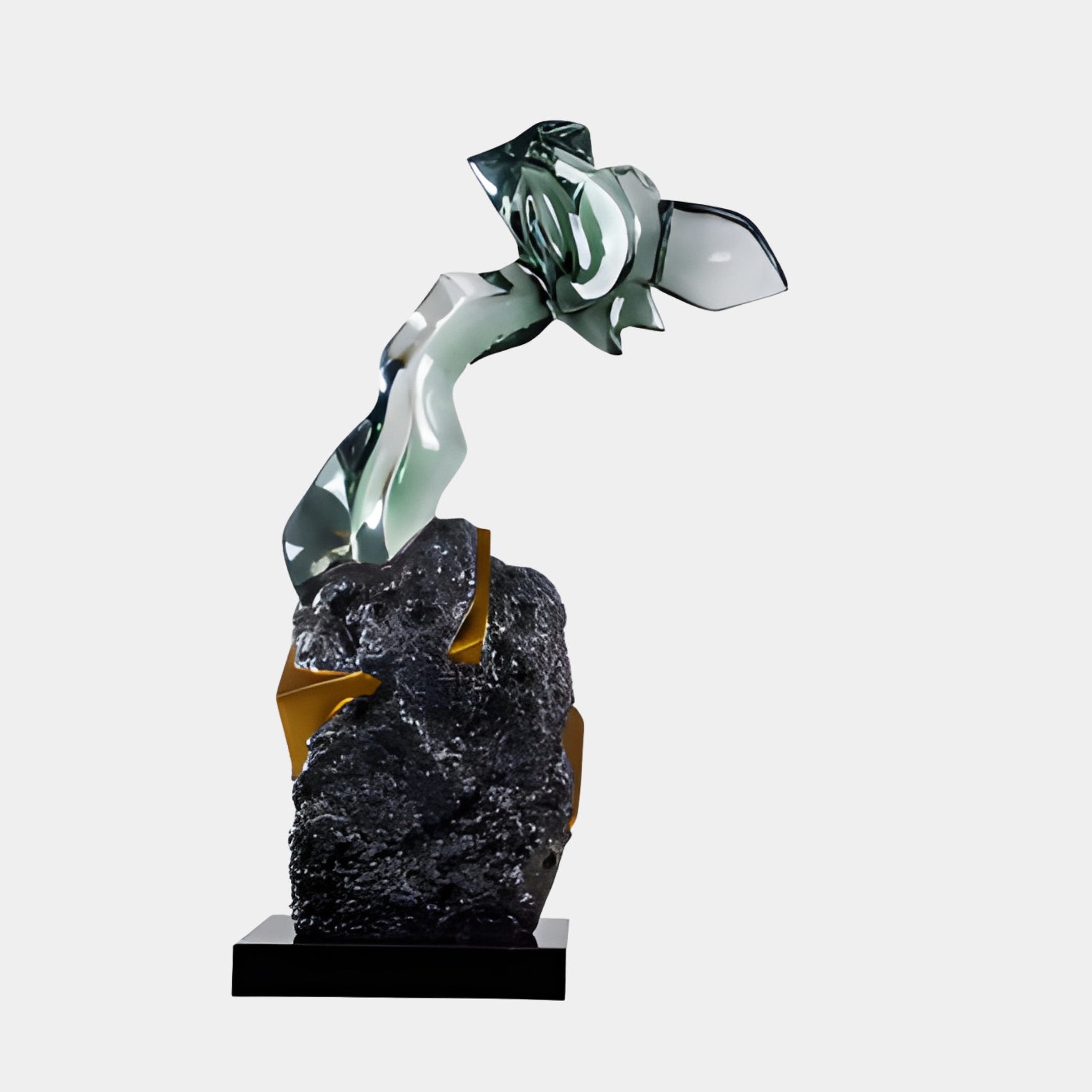 Smoke Grey Fluid and Gold Inset Rock Resin Sculpture by Giant Sculptures, with a flowing green-grey glass bloom rising from a black rock base on a plinth.