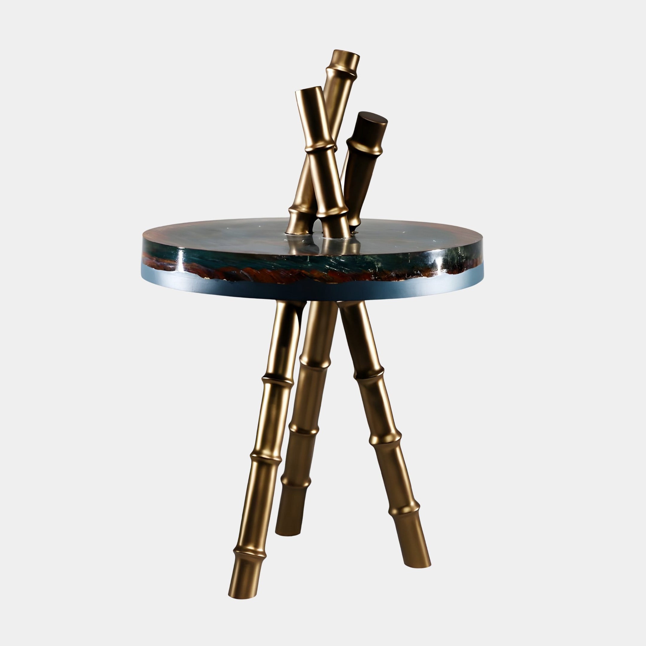 Bronze Bamboo Leg & Ocean Resin Top Round Side Table from Giant Sculptures, featuring golden bamboo-shaped legs and a dark ocean-toned resin top on a white background.