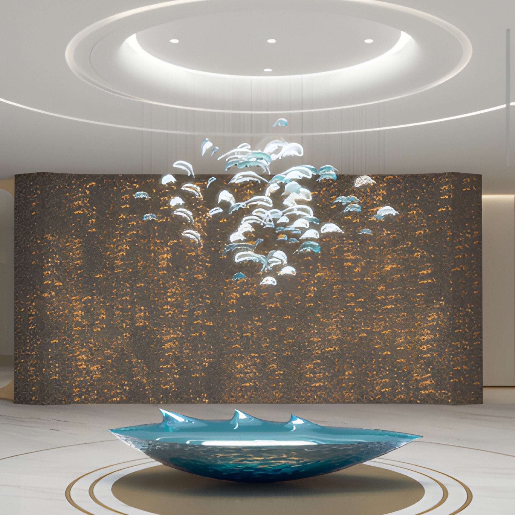 Teal Resin Botanical Wall Feature Sculpture 230cm by Giant Sculptures, a blue wave dish below clear birds ascending across a gold-flecked lobby wall.