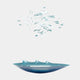 Teal Resin Botanical Wall Feature Sculpture 230cm by Giant Sculptures, showing a glossy blue-green wave dish below a rising flock of small clear birds on a white background.