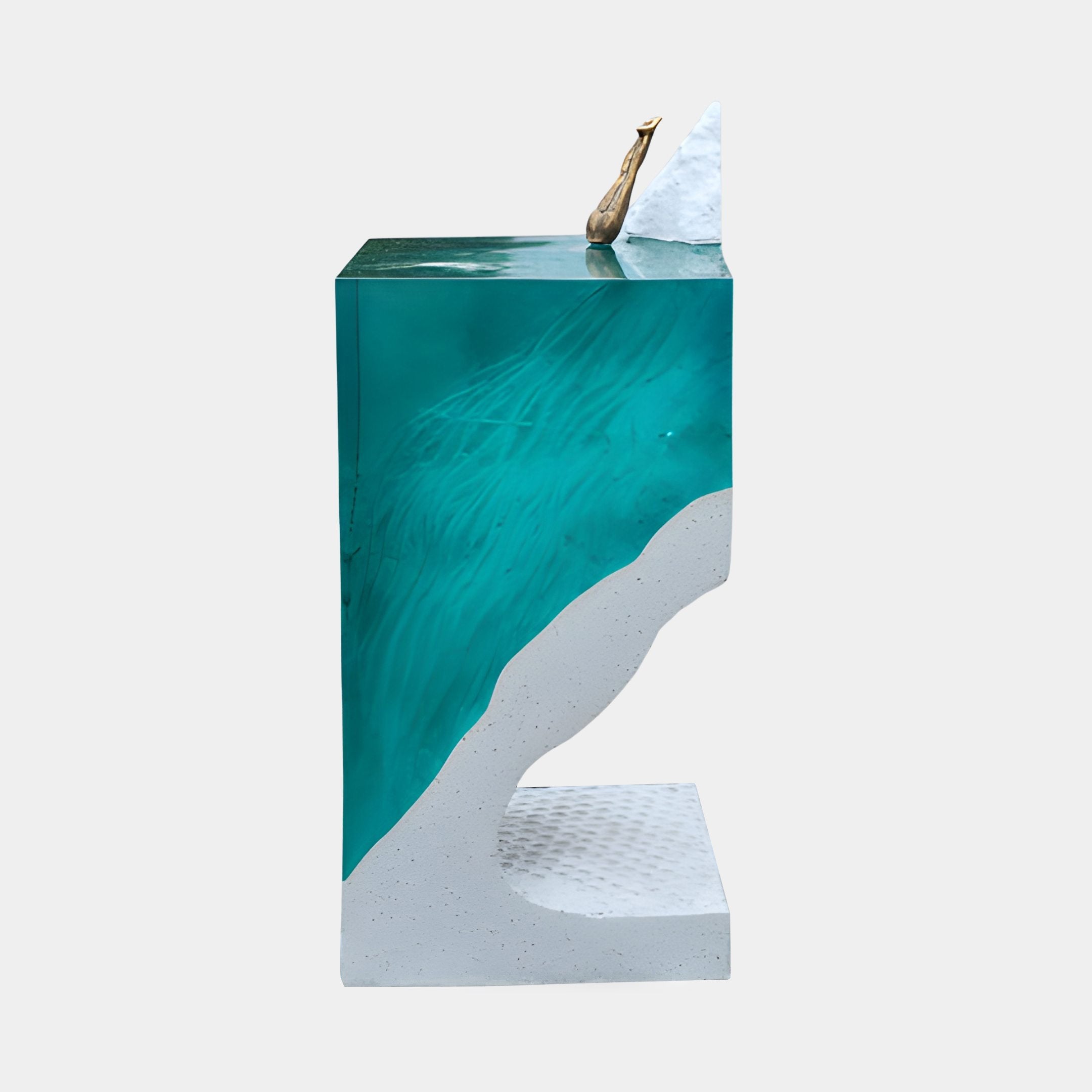 Teal Resin Wave Diver & Iceberg Column Sculpture by Giant Sculptures, 90cm tall, with a bronze figure perched atop a white crest above emerald resin water.