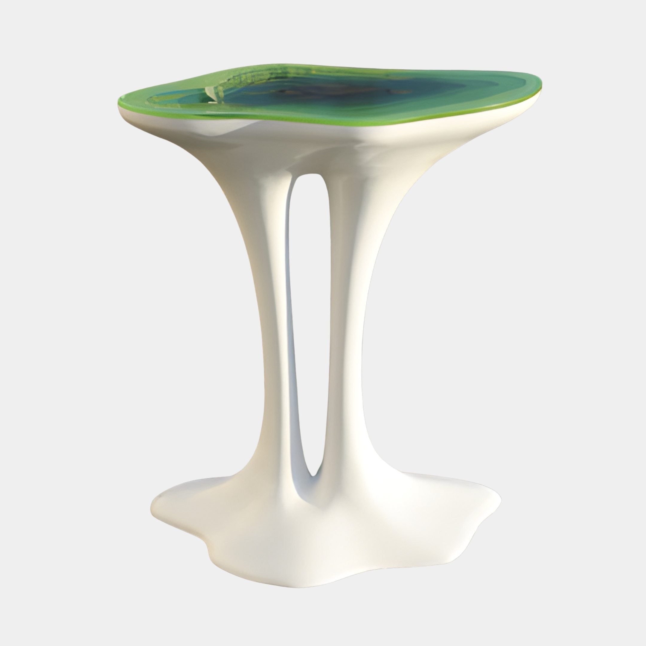 Green Fluid Top Minimalist Pedestal Resin Table by Giant Sculptures, featuring a glossy emerald square top on a flowing white sculptural base, on a plain background.