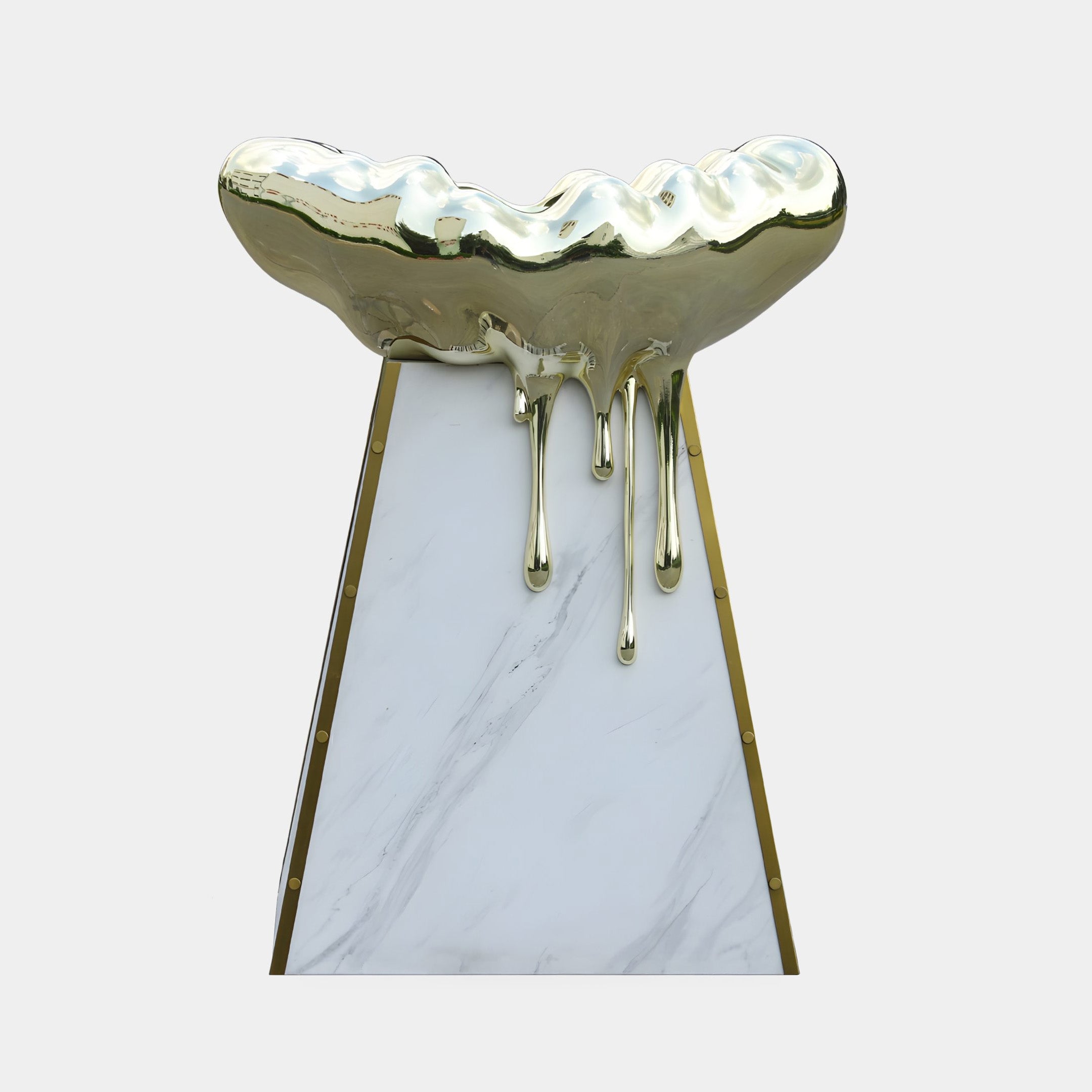 Giant Sculptures' Gold Mirror Molten Drip Marble Pedestal Sculpture, 110cm, with a mirror-gold bowl dripping onto a white marble plinth trimmed in brass.