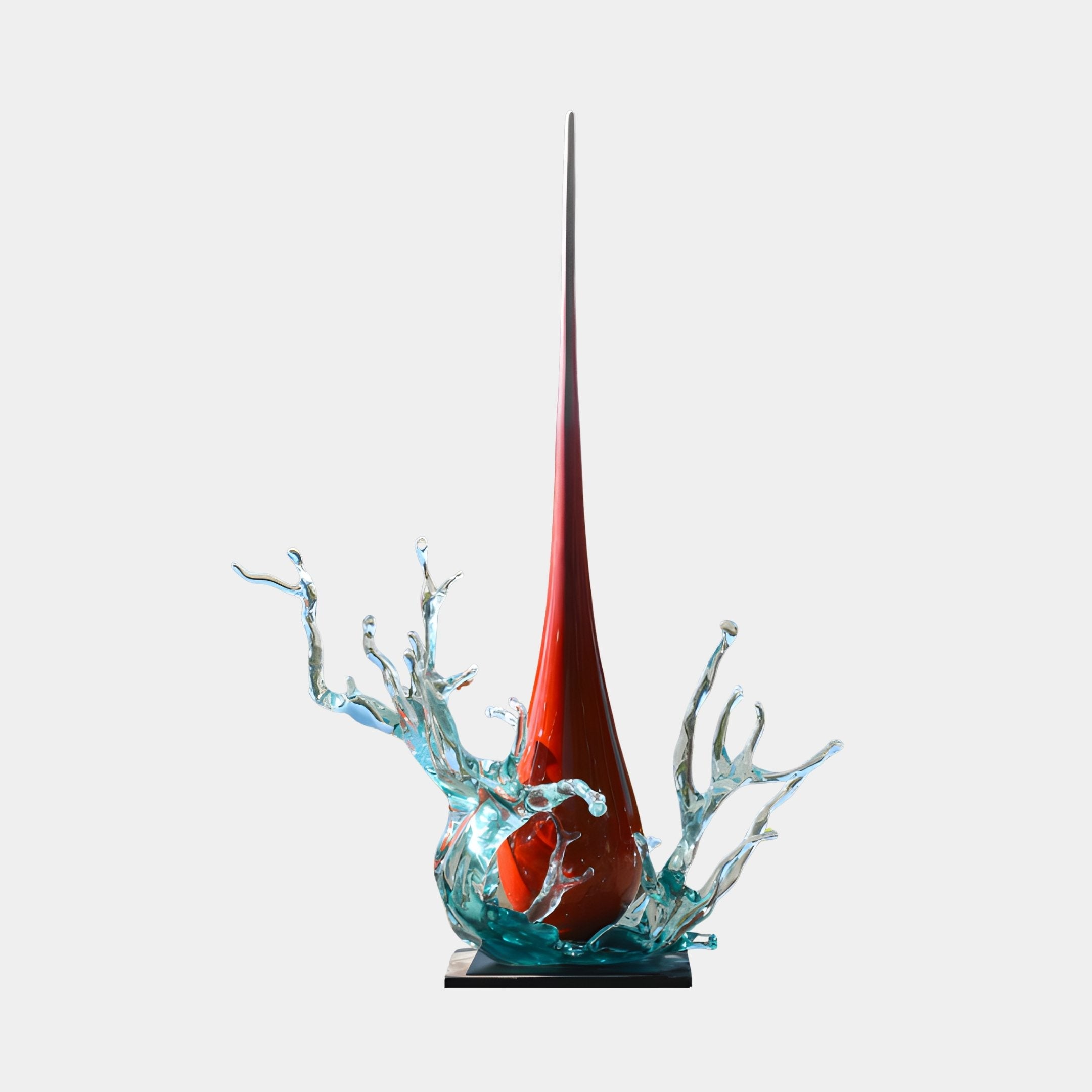 Red Floating Teardrop & Blue Splash Resin Sculpture by Giant Sculptures, a tall crimson spire rising from a clear splash burst on a black base.