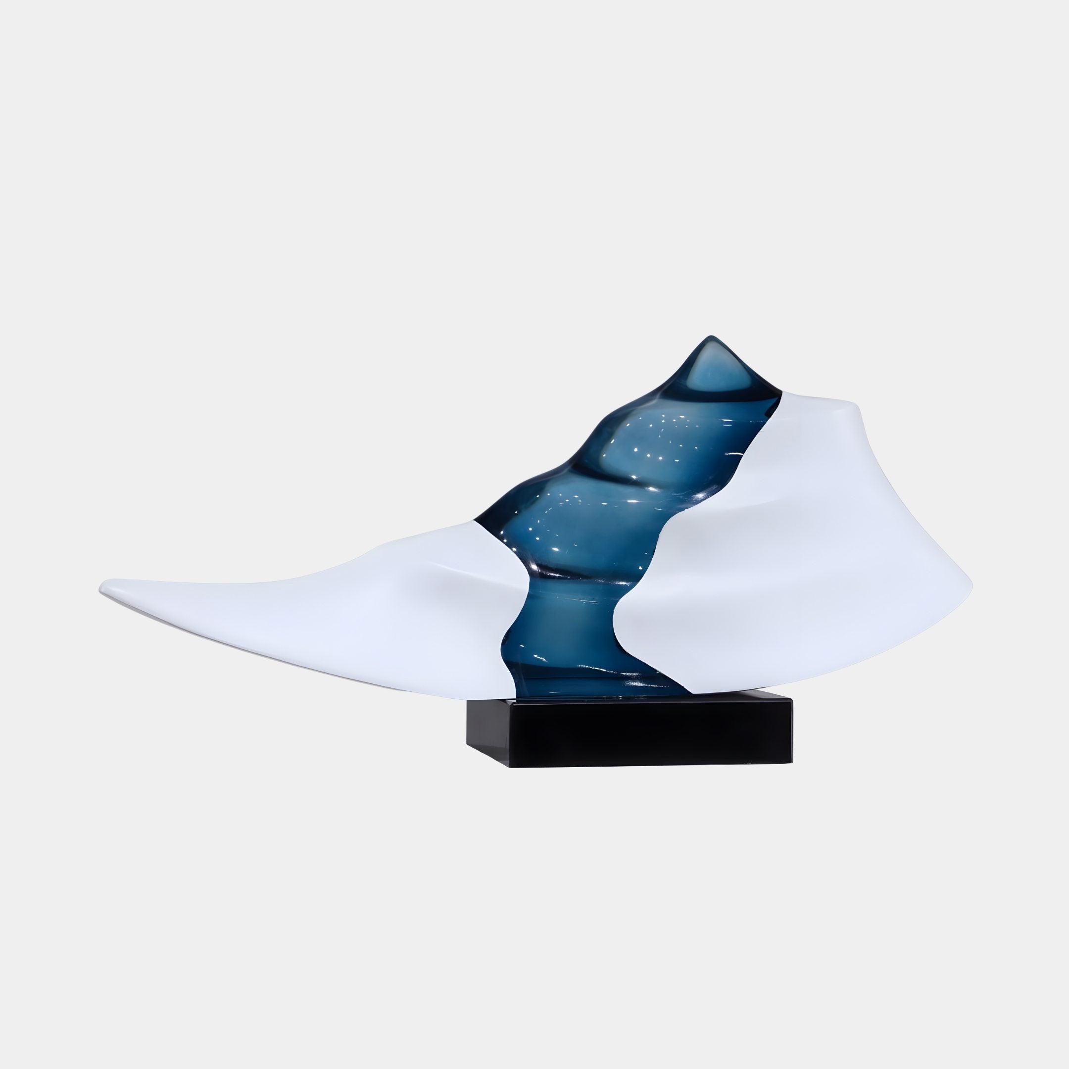 Giant Sculptures Deep Teal Translucent Cresting Wave Form Sculpture 85cm, a white leaf-like dish with a glassy teal-blue resin ridge on a black base.