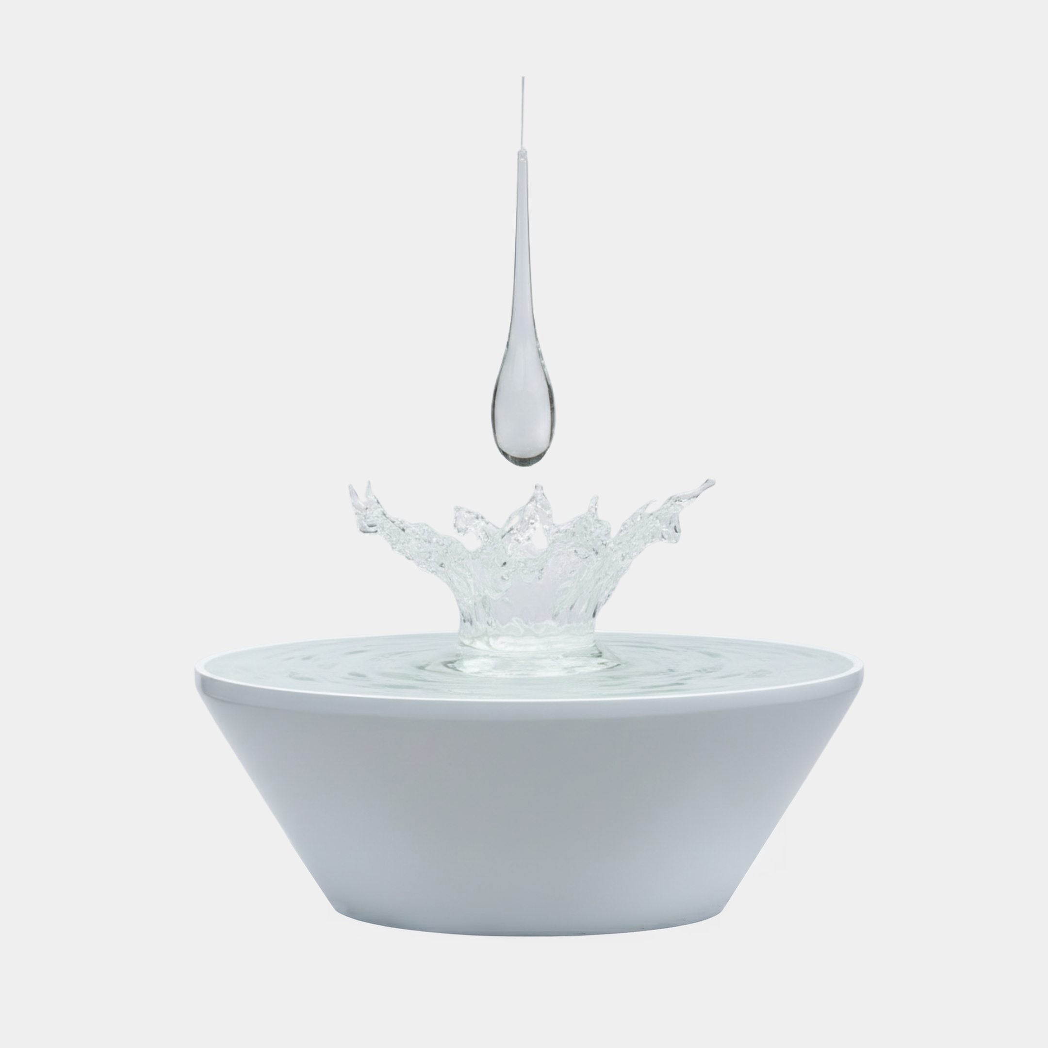 Clear Crystal TearDrop & White Basin Splash Resin Sculpture 150cm by Giant Sculptures, suspended droplet above a splash crown on a white bowl.