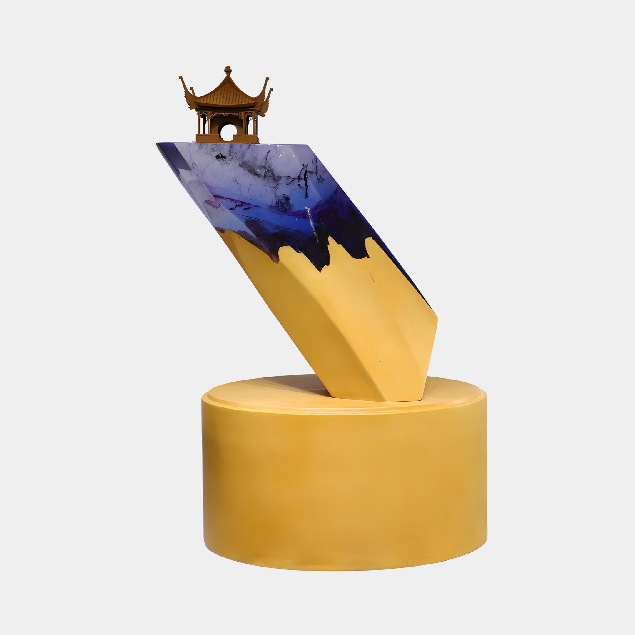 Giant Sculptures Violet Gradient Crystal Peak and Golden Pagoda resin sculpture, 140cm, with a tilted blue-violet peak on a golden cylindrical base.
