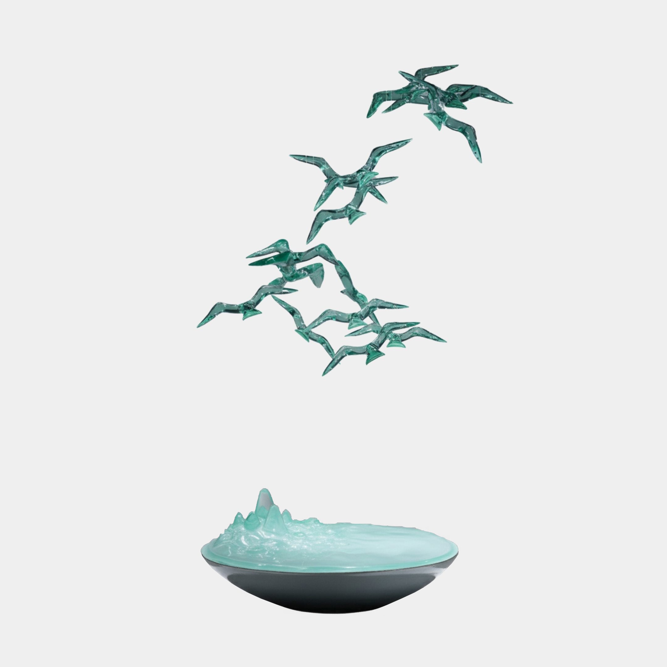Teal Resin Flying Bird & Black Basin Splash Sculpture 205cm by Giant Sculptures, with birds rising above a black bowl holding a green resin splash.
