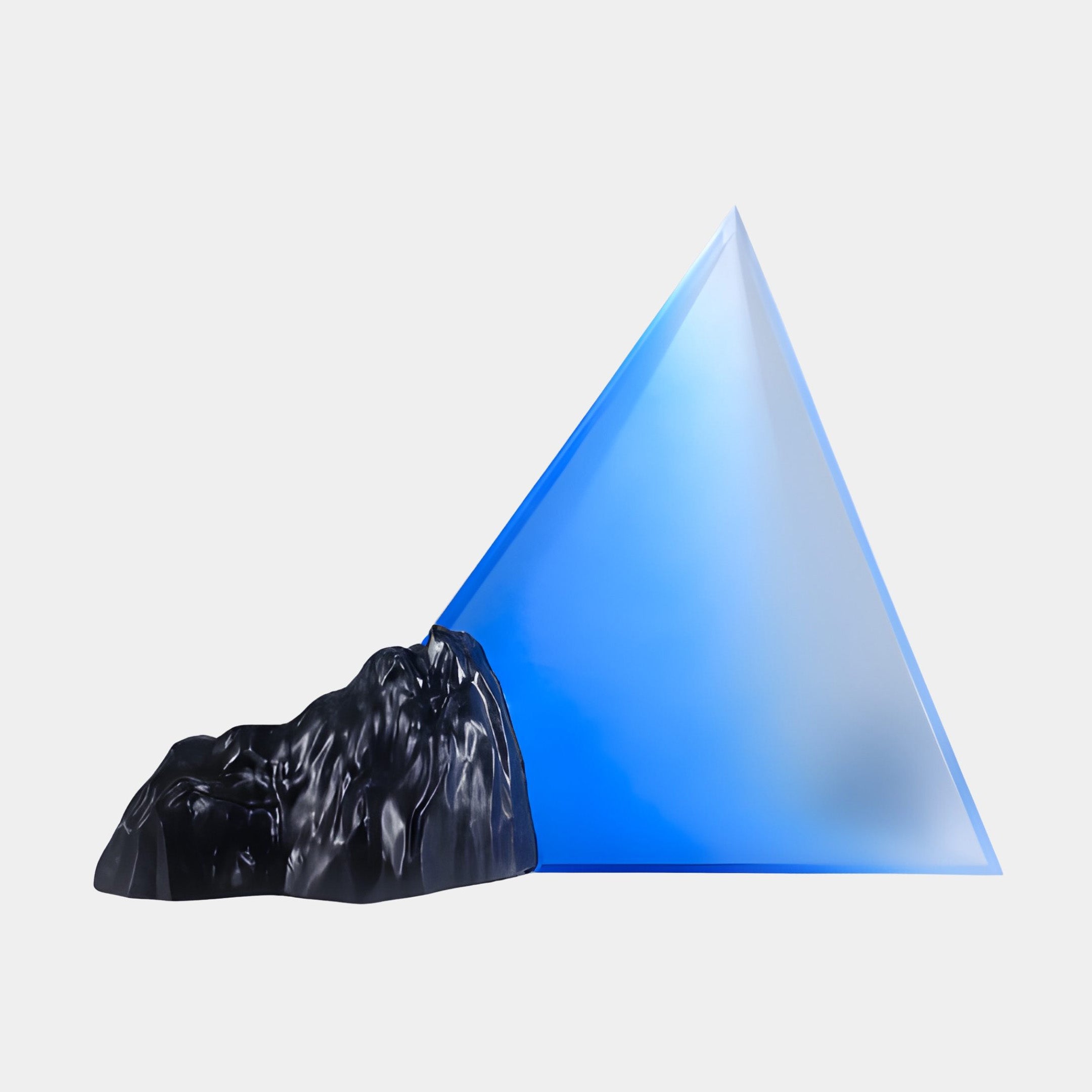 Giant Sculptures Blue Resin Pyramid & Black Rock Sculpture 120cm, a translucent blue faceted pyramid beside a low black rock, on a plain white background.
