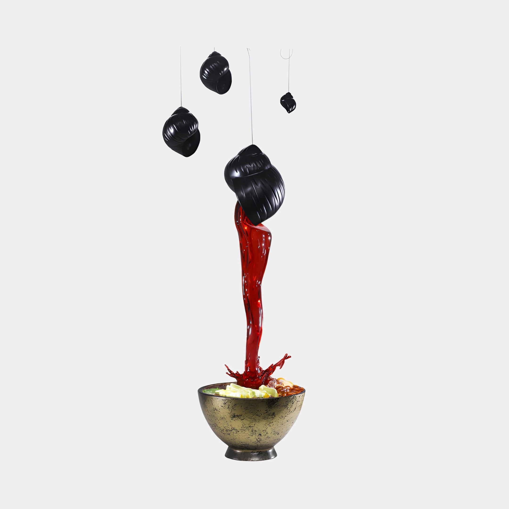 Giant Sculptures Red Clear Resin Swirl & Black Snail Fiberglass Sculpture 220cm, with suspended black snail forms pouring red resin into a gold bowl.
