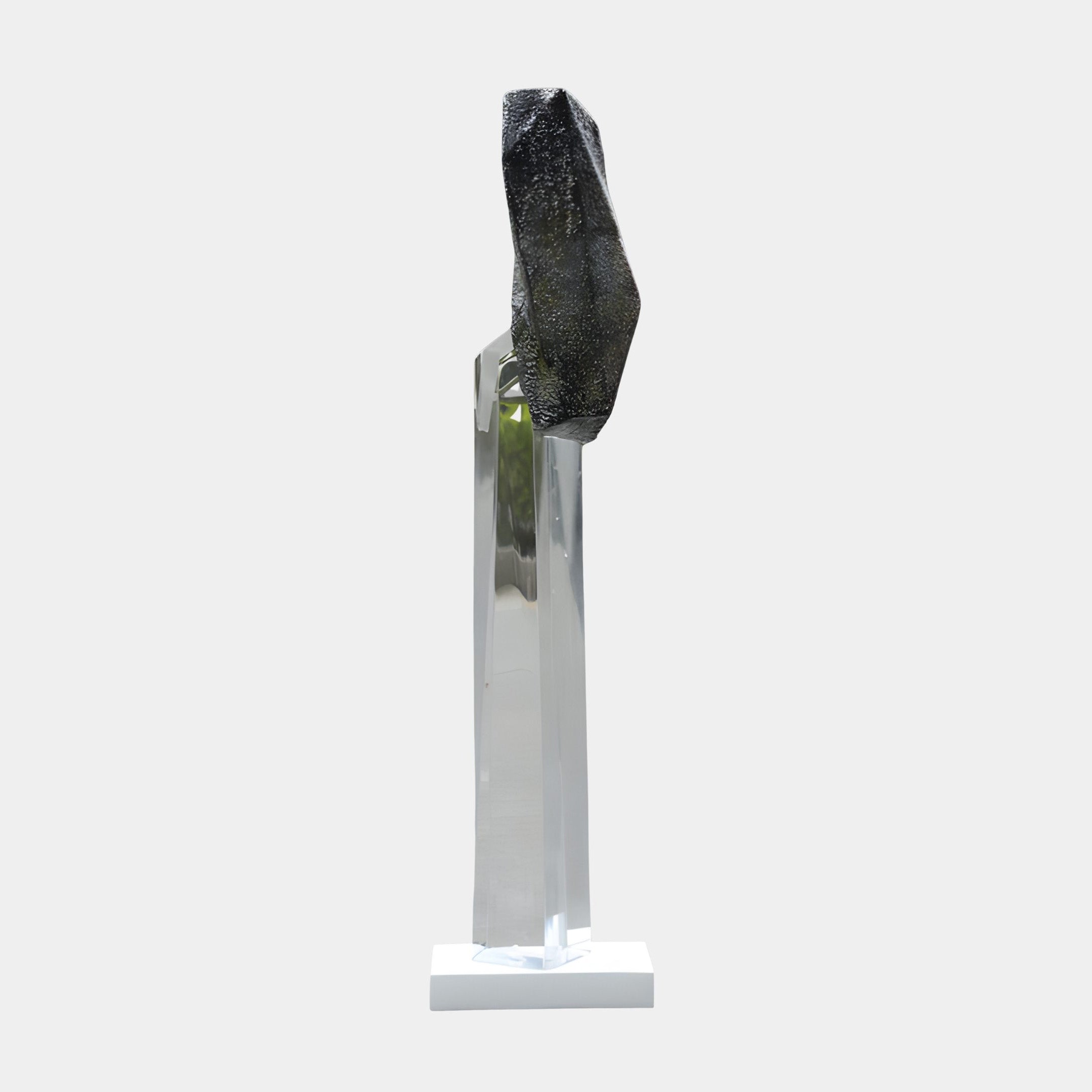 Black Peak & Faceted Resin Pillar Sculpture by Giant Sculptures, 115cm, textured dark stone atop a mirror-bright faceted clear resin column on a white base.