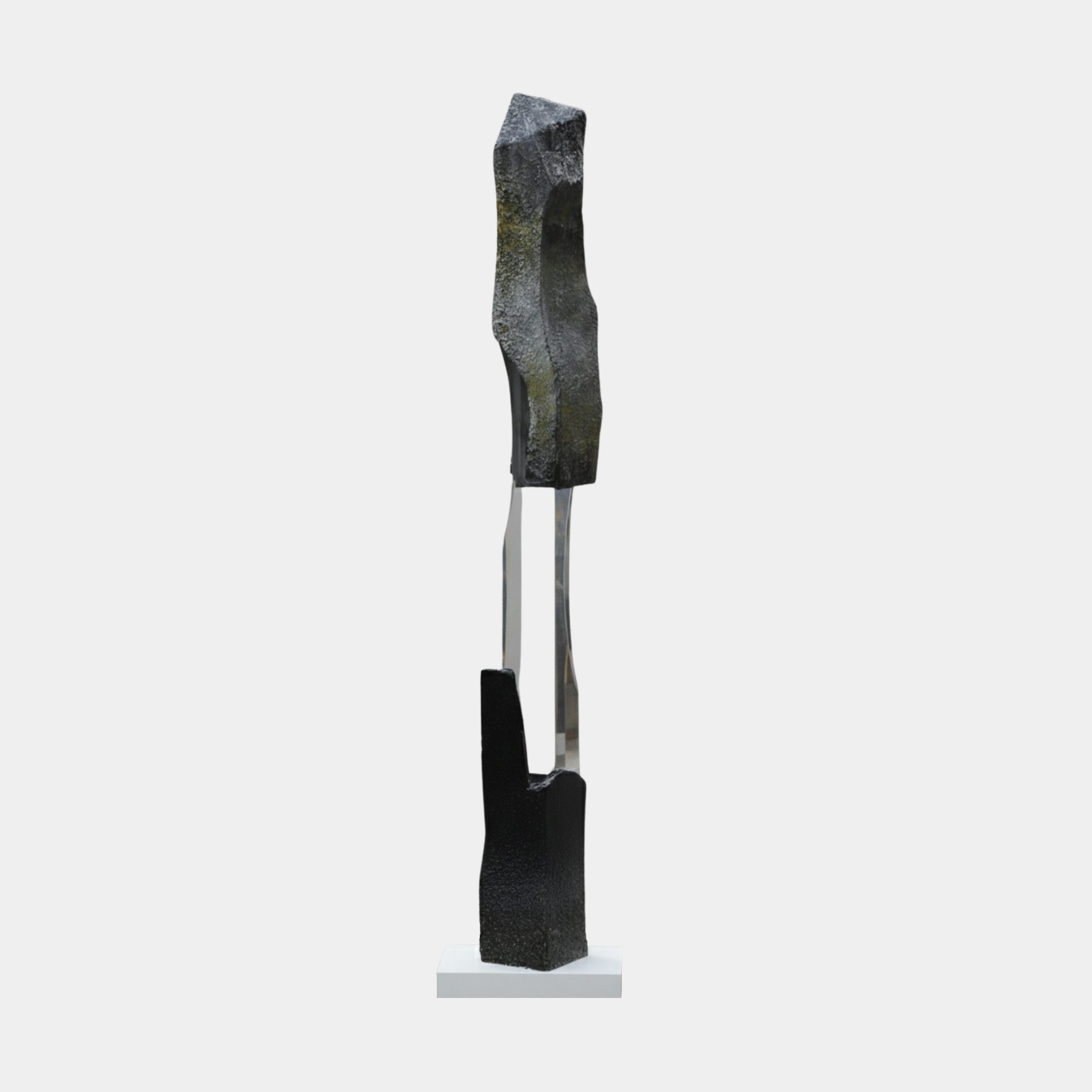 Tall Black Organic Totem and Floating Glass Resin Sculpture by Giant Sculptures, 186cm, with two weathered dark forms joined by a clear resin column on a white base.