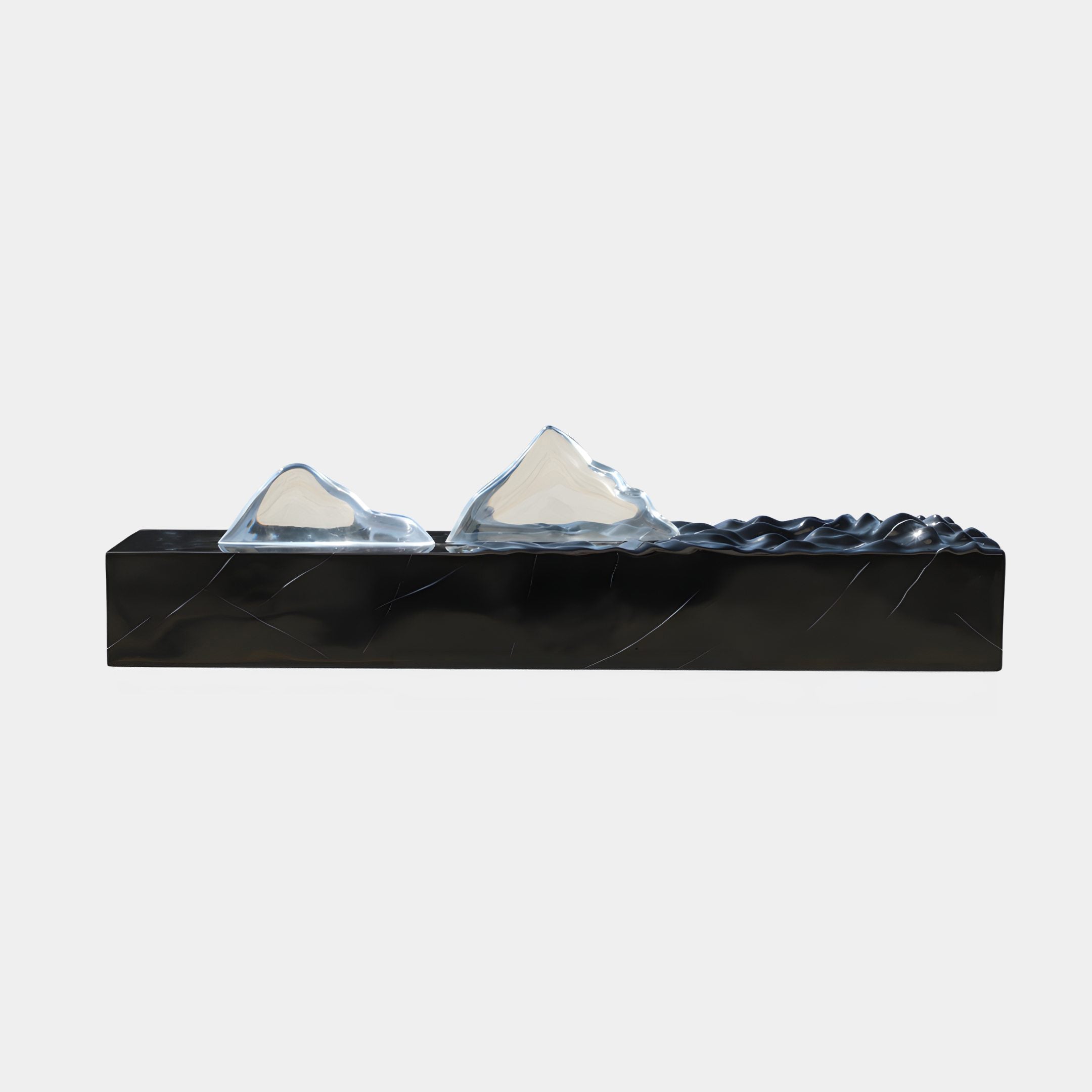 Giant Sculptures Clear Resin Ice Peaks and Black Rippled Fiberglass Sea Console, 144cm, with two translucent peaks on a textured dark base, plain background.