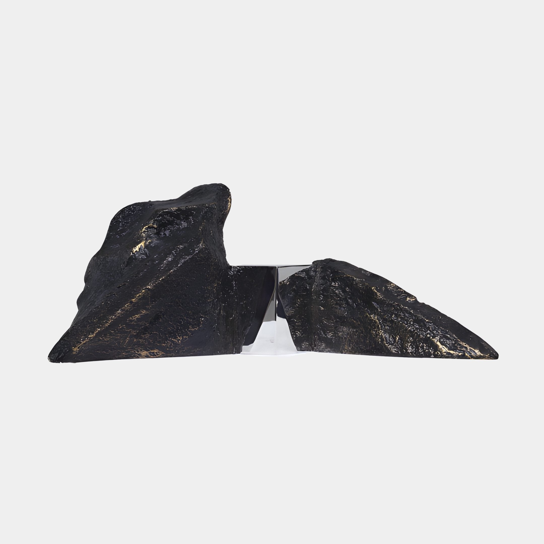 Black Fiberglass Double Peak & Resin Prism Sculpture by Giant Sculptures, with gold-flecked rocky peaks flanking a faceted clear prism on a white background.