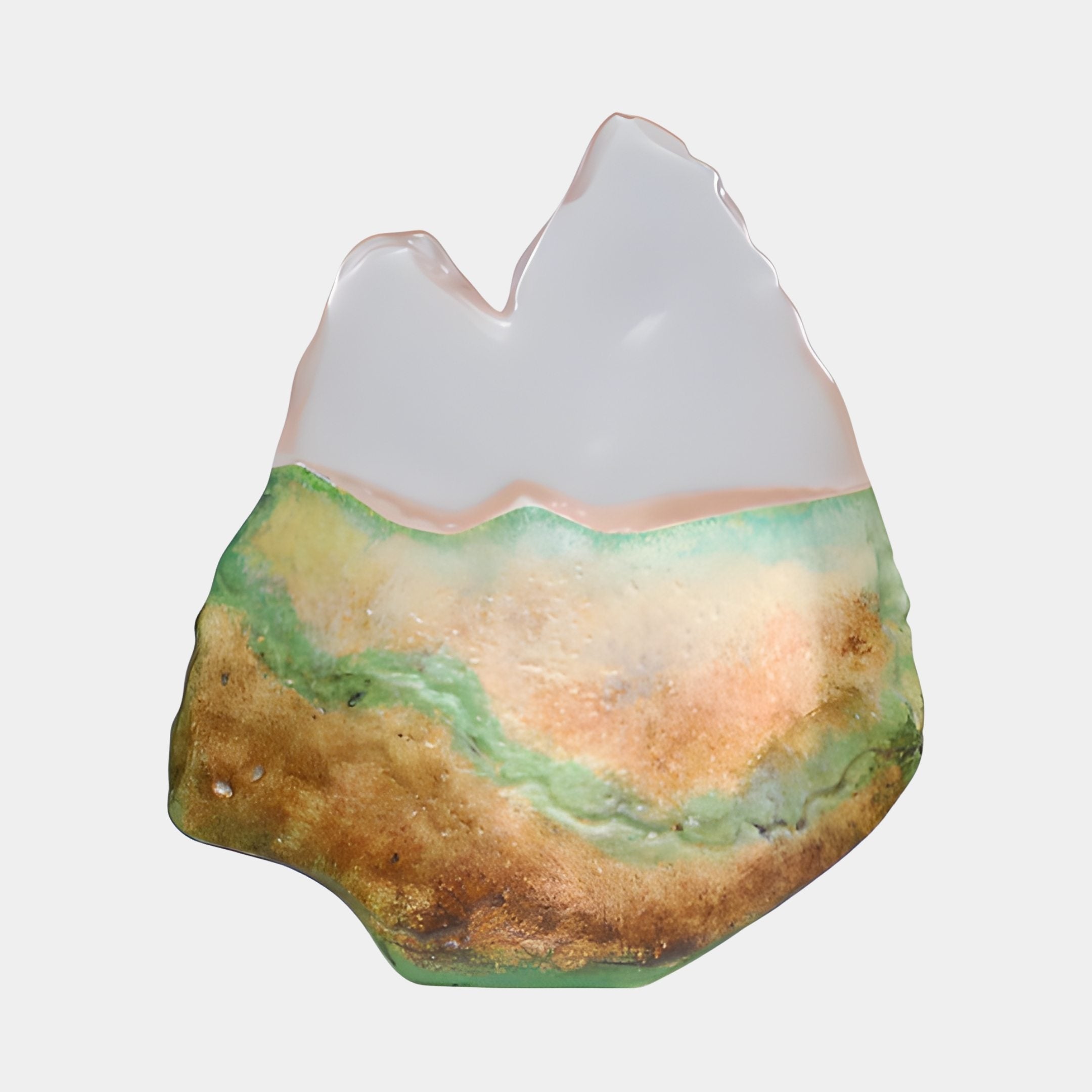 Frosted Pink Resin Peak & Multi-Colour Mountain Sculpture by Giant Sculptures, with a pale pink summit above a green, gold and brown textured base.