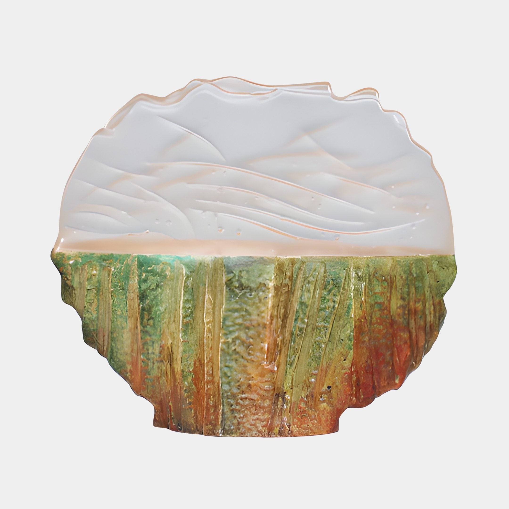Translucent White Resin & Sand Dune Fiberglass Sculpture 40cm by Giant Sculptures, with a frosted rippled crest above a green, copper and sandy textured base.