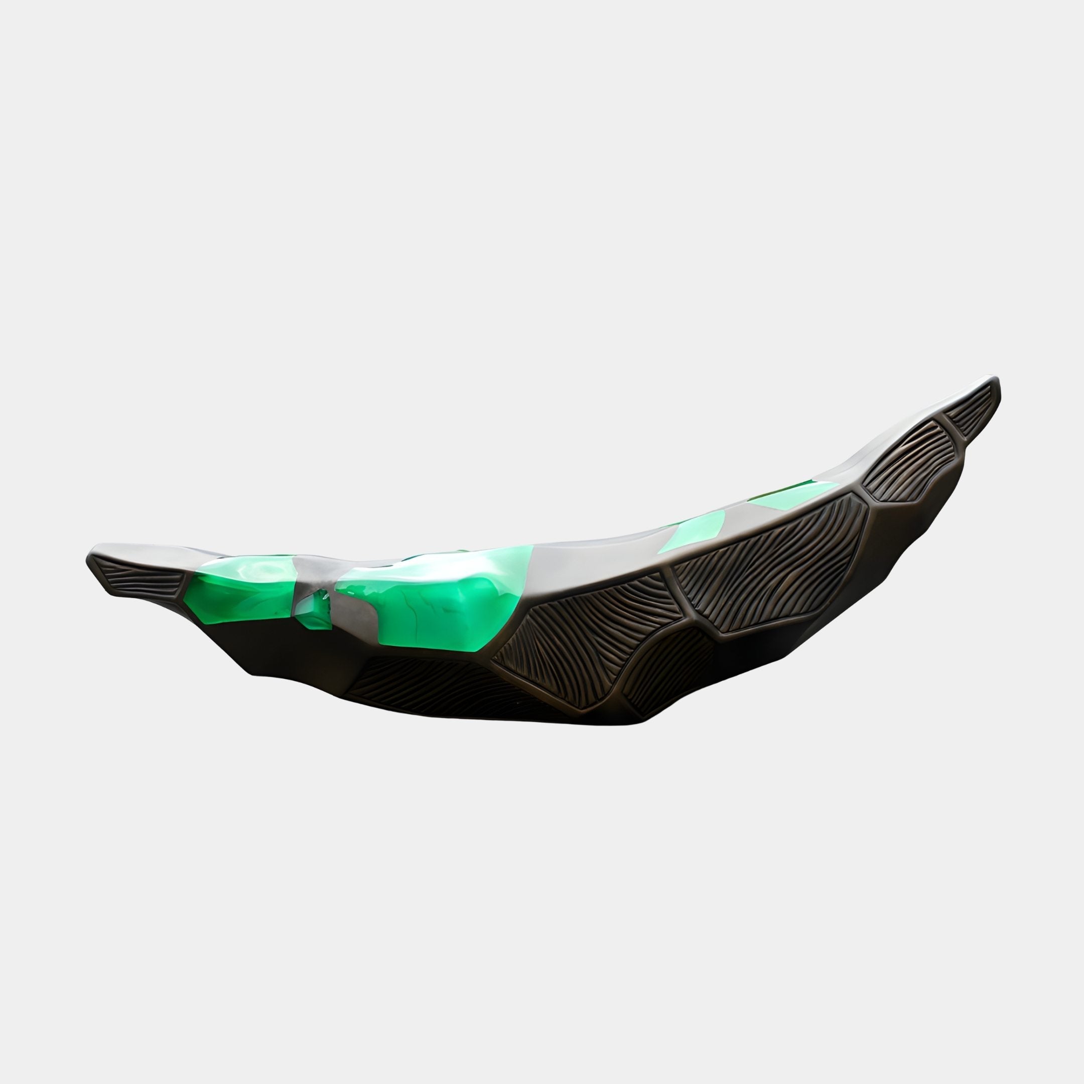 Teal Resin Rippled Leaf Boat Sculpture by Giant Sculptures, 215cm elongated leaf-boat form with rippled black surface and glowing green resin inlay on a plain background.