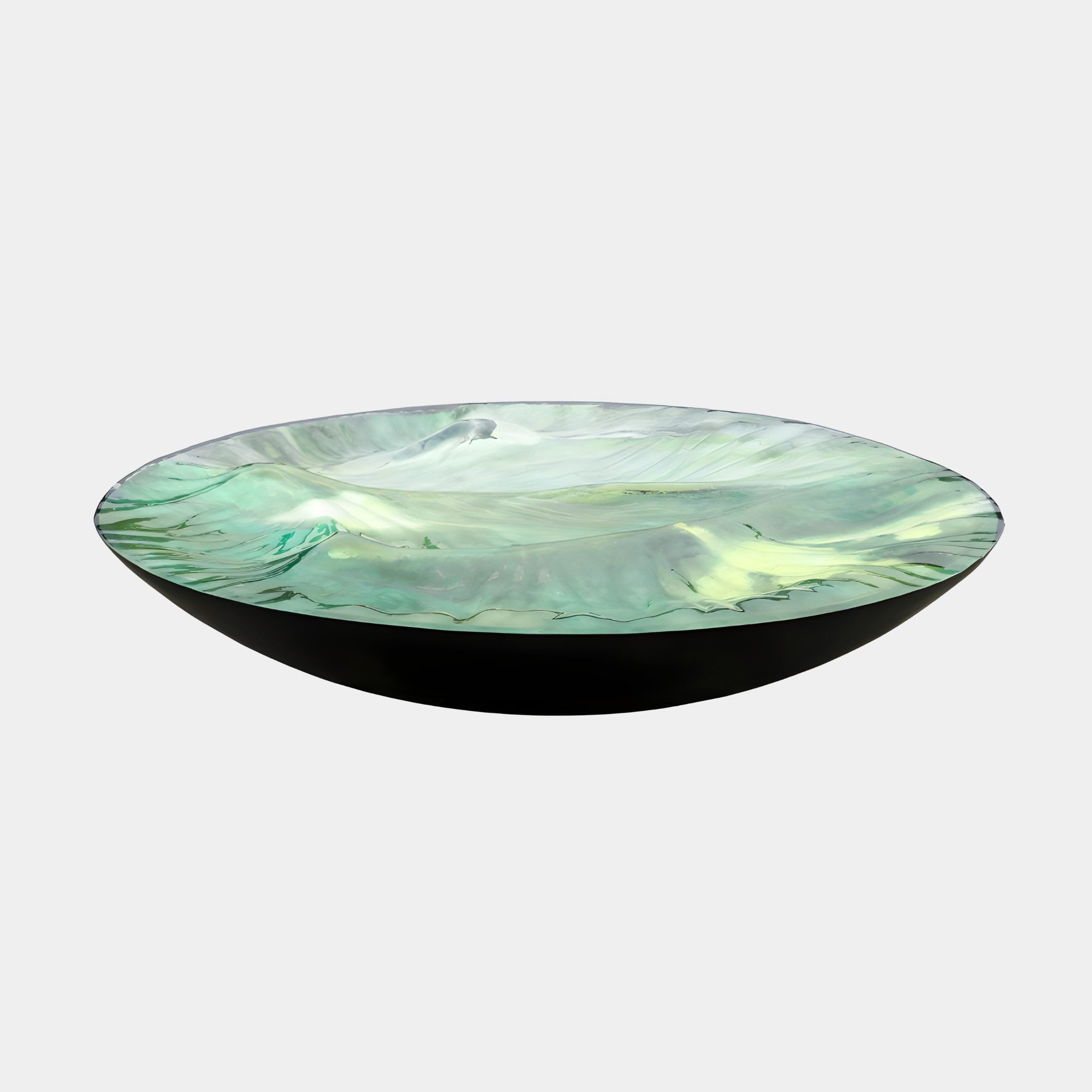 Teal Resin Rippled Black Basin Sculpture by Giant Sculptures, a wide shallow basin with a rippled green resin pool and smooth black rim, on a light background.