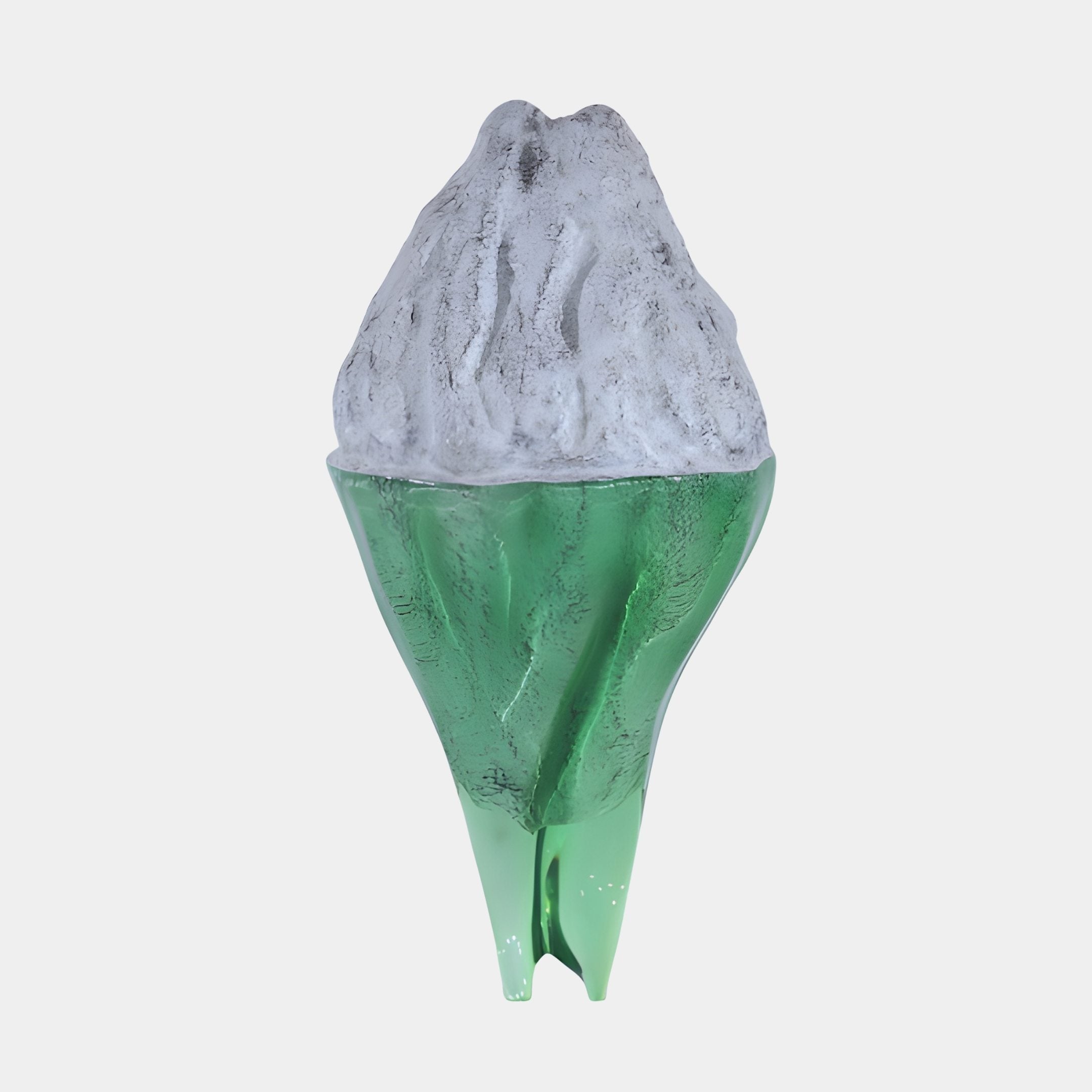 Giant Sculptures' 50cm Grey & Green Resin Mountain Cone Sculpture with a textured grey-white summit rising above a translucent emerald resin base, shown against a plain light background.