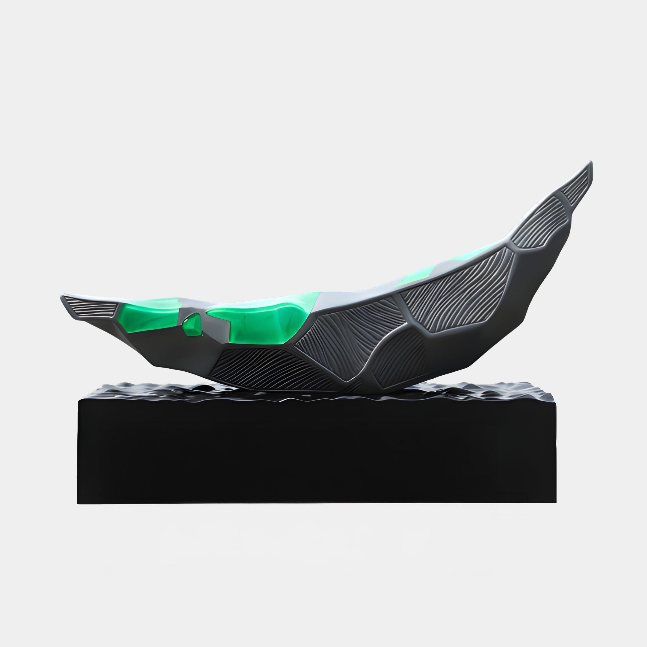 Side view of Giant Sculptures' Teal Resin Inlay Leaf Boat Fiberglass Sculpture, 235cm, with ribbed black body and green resin seam on a black plinth.