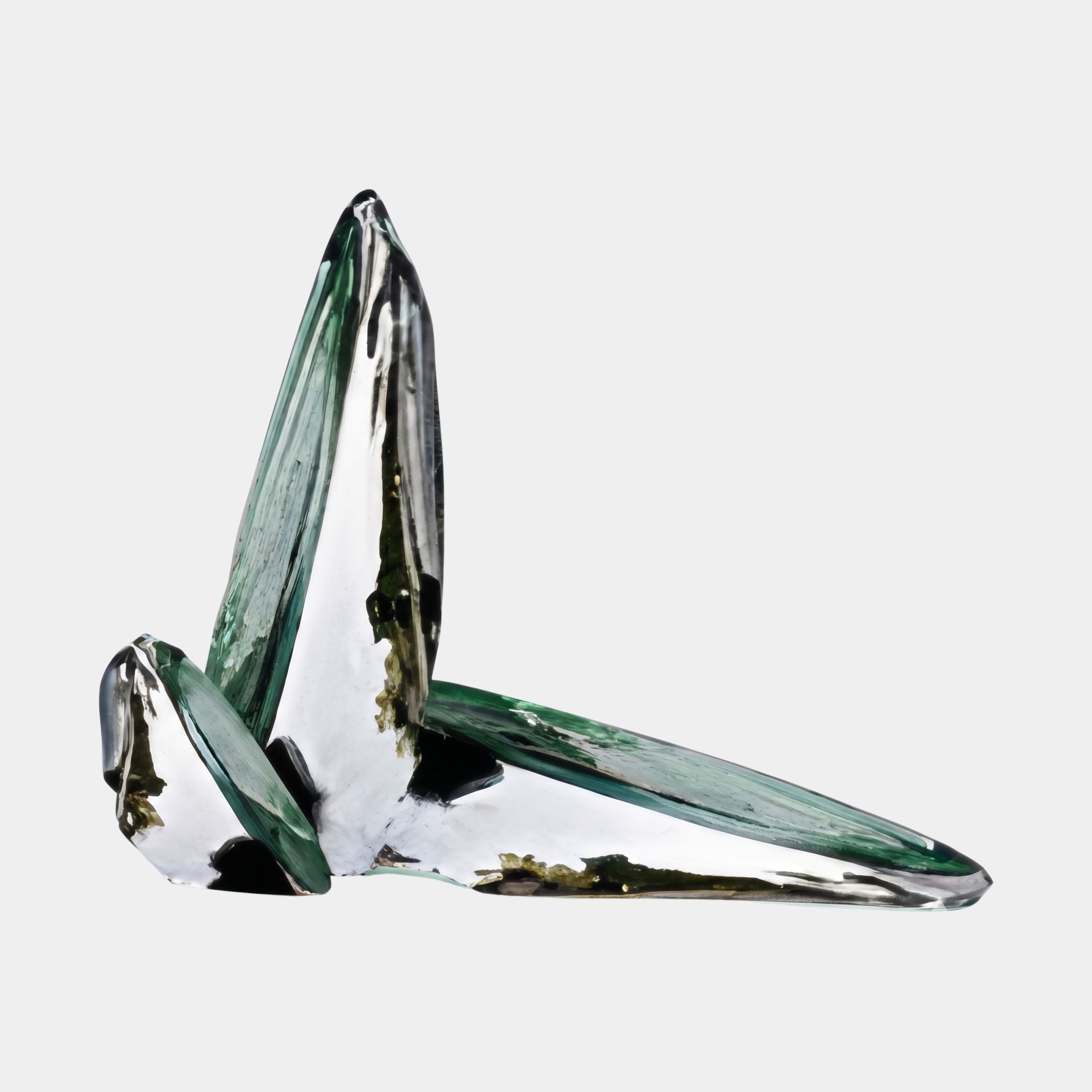 Teal and clear resin abstract wing sculpture by Giant Sculptures, with upward-sweeping translucent blades and flecked detailing, shown on a plain white background.