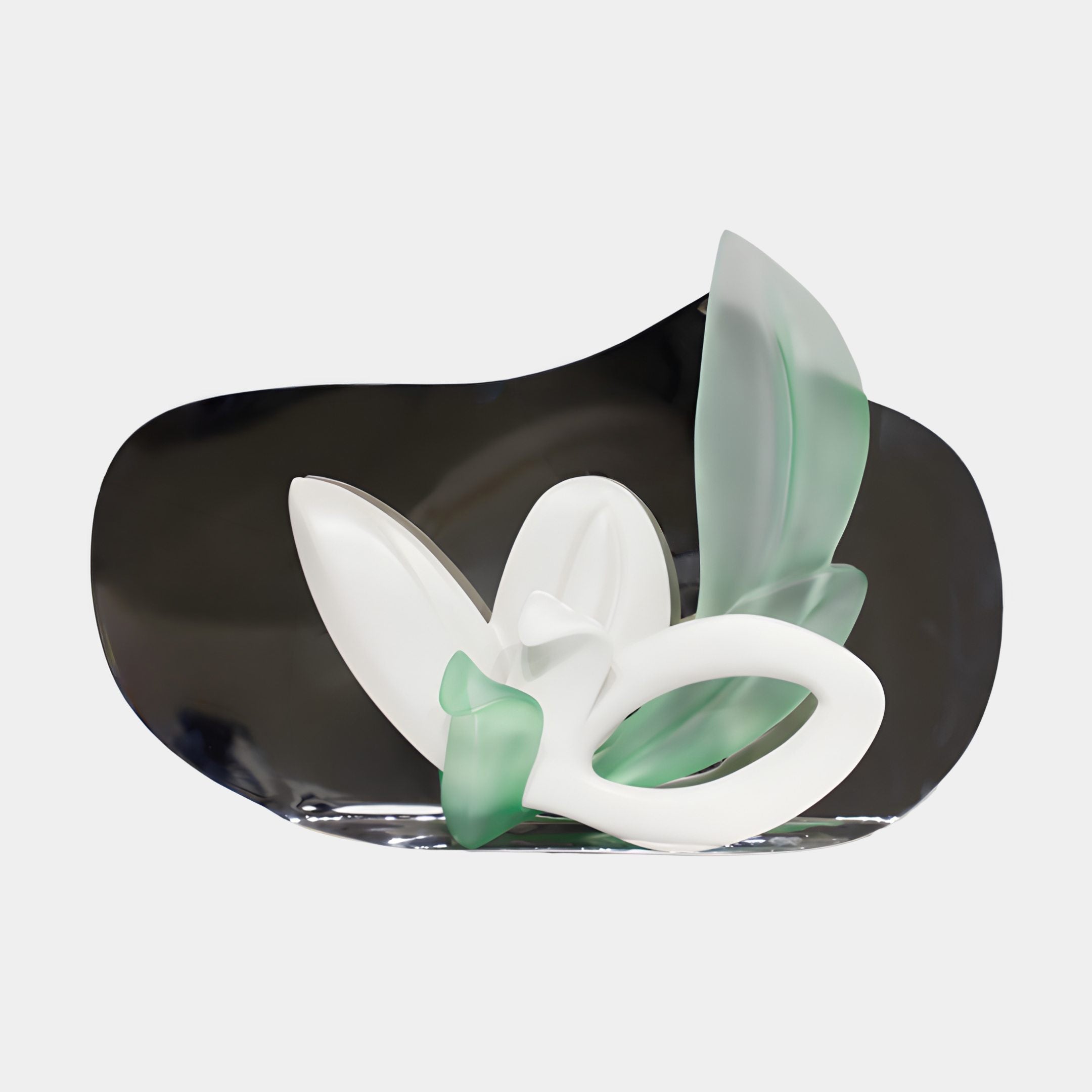 Giant Sculptures Mint Green & White Resin Calla Lily Floral Sculpture, 75cm, with curling petals on a glossy dark oval base against a plain light background.